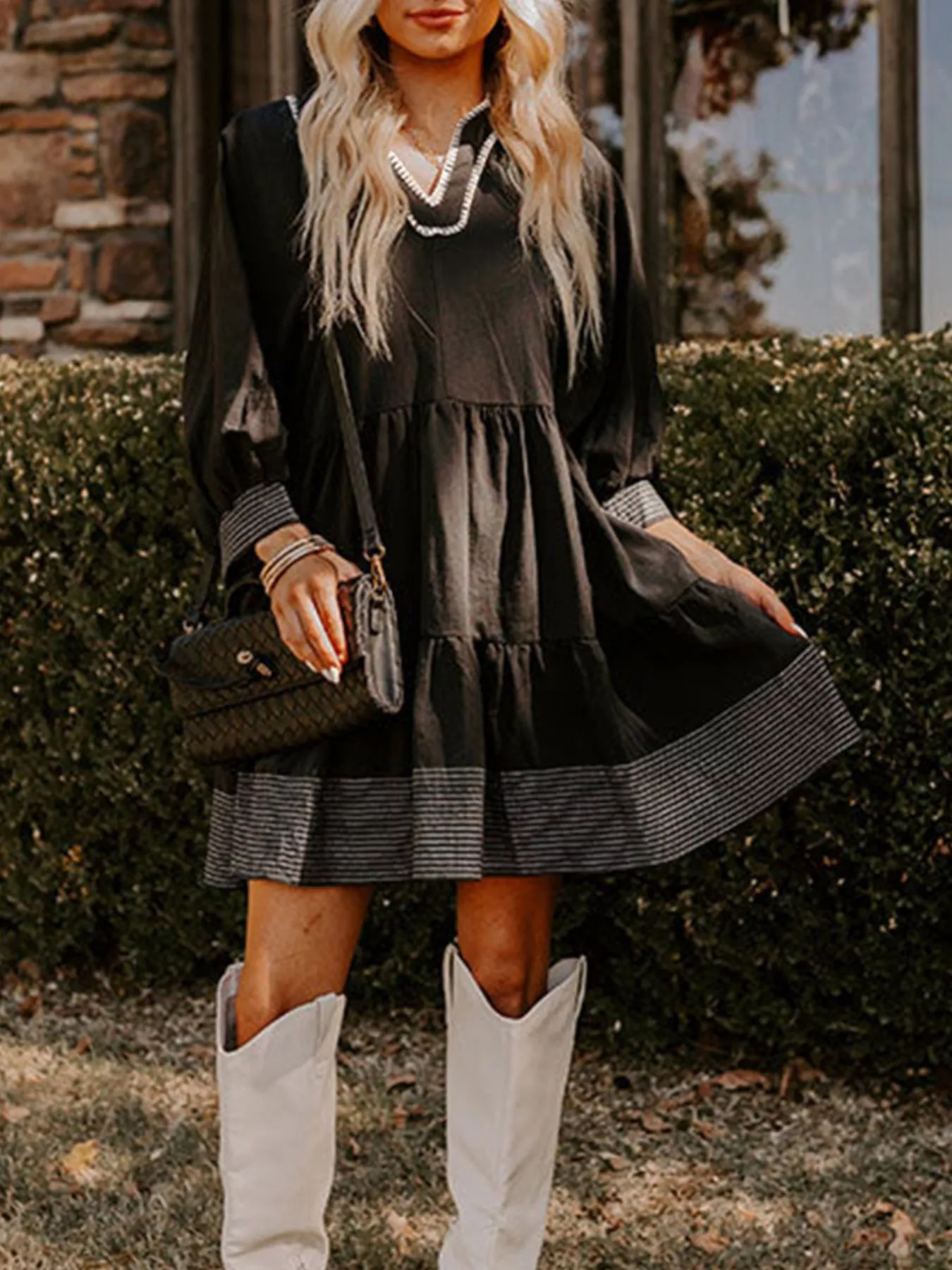 Striped Hem 3/4 Sleeve Tiered Dress - Image 8