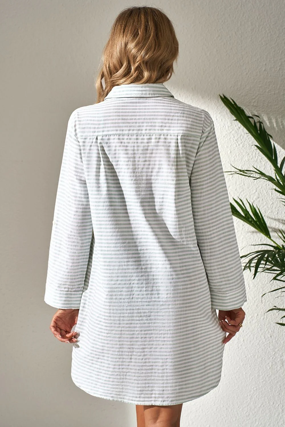 Striped Johnny Collar Long Sleeve Mini Shirt Dress - Image 2