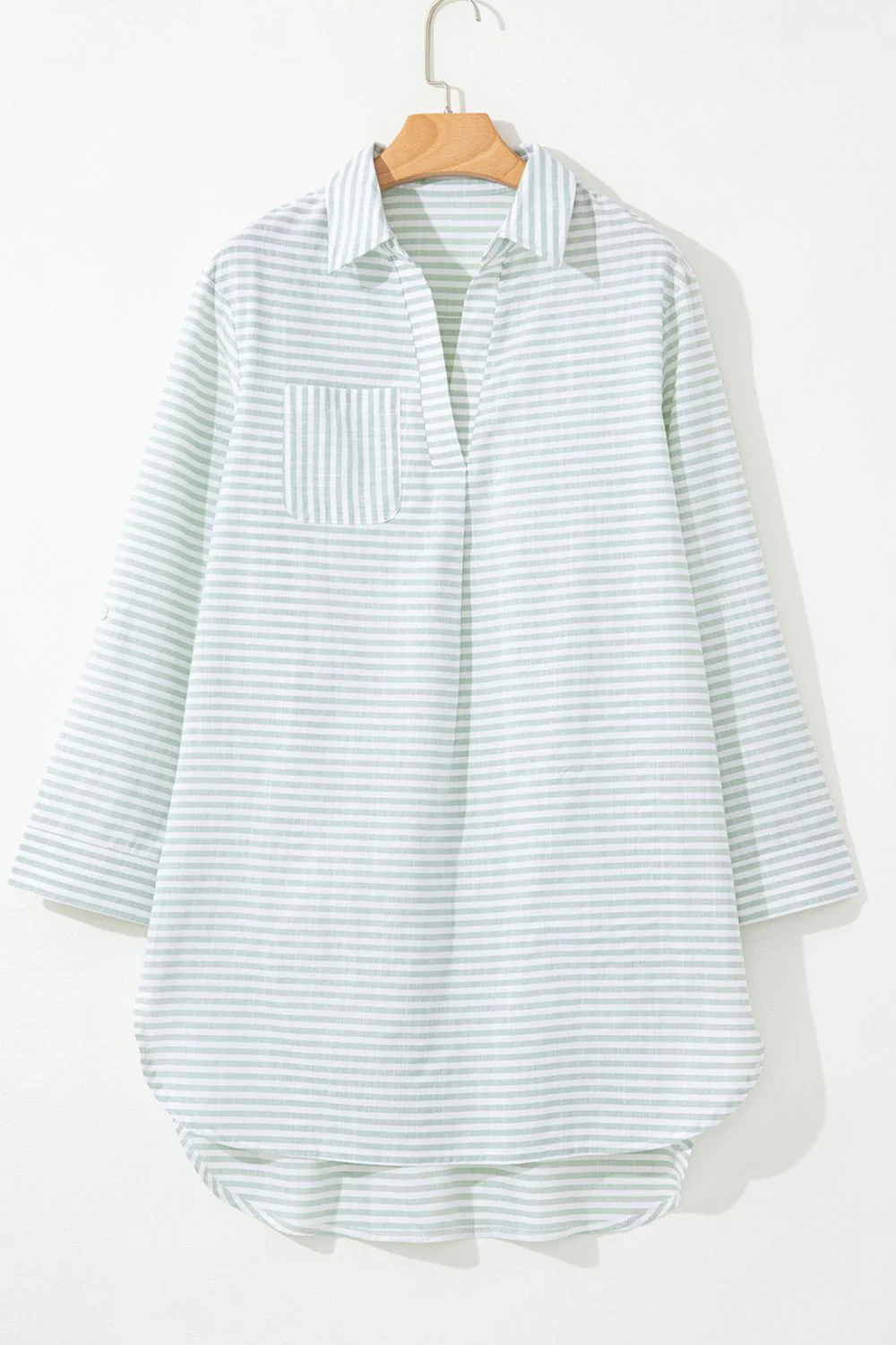 Striped Johnny Collar Long Sleeve Mini Shirt Dress - Image 7