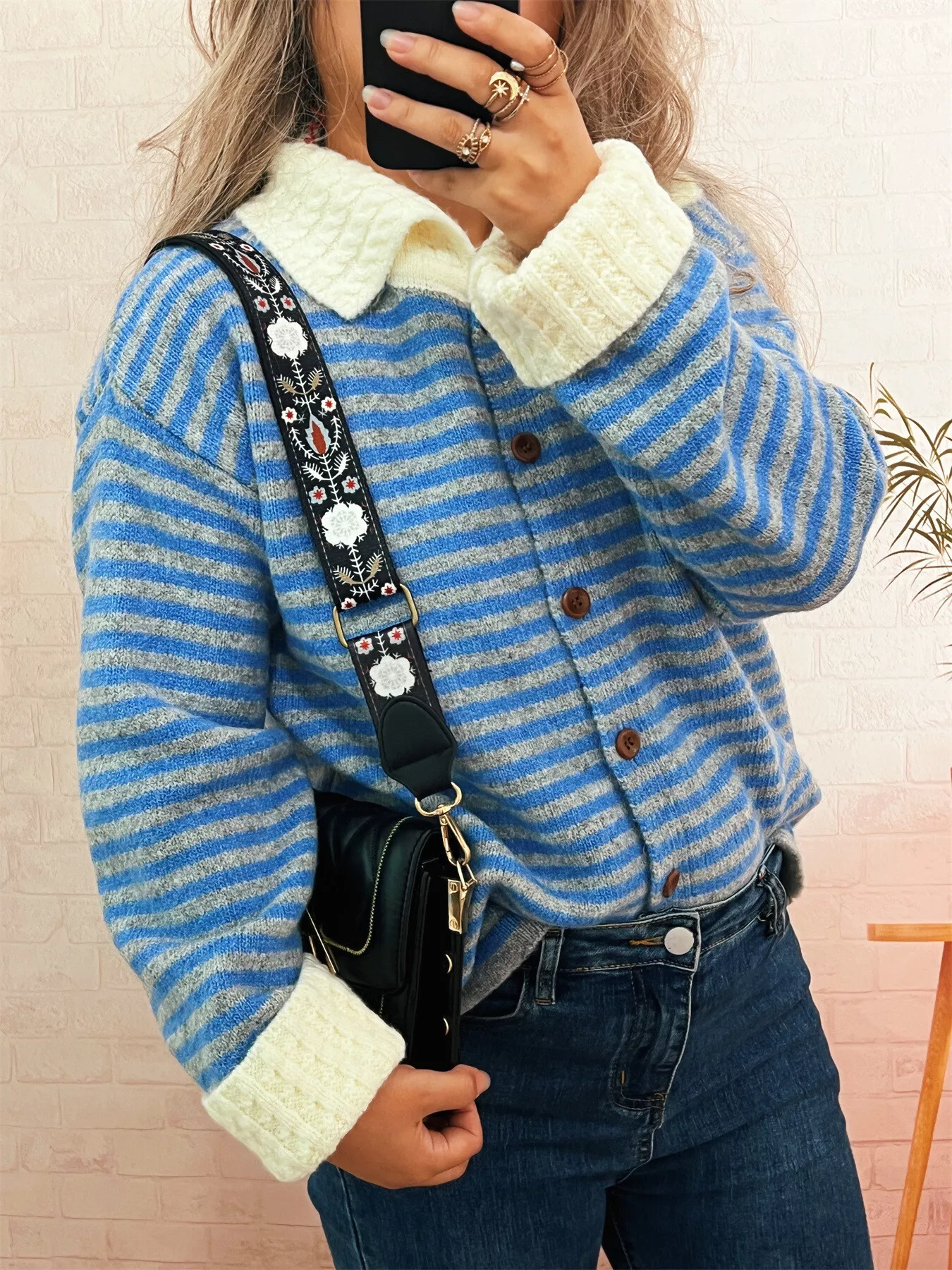 Striped Knit Button Down Cardigan with Collar - Image 3