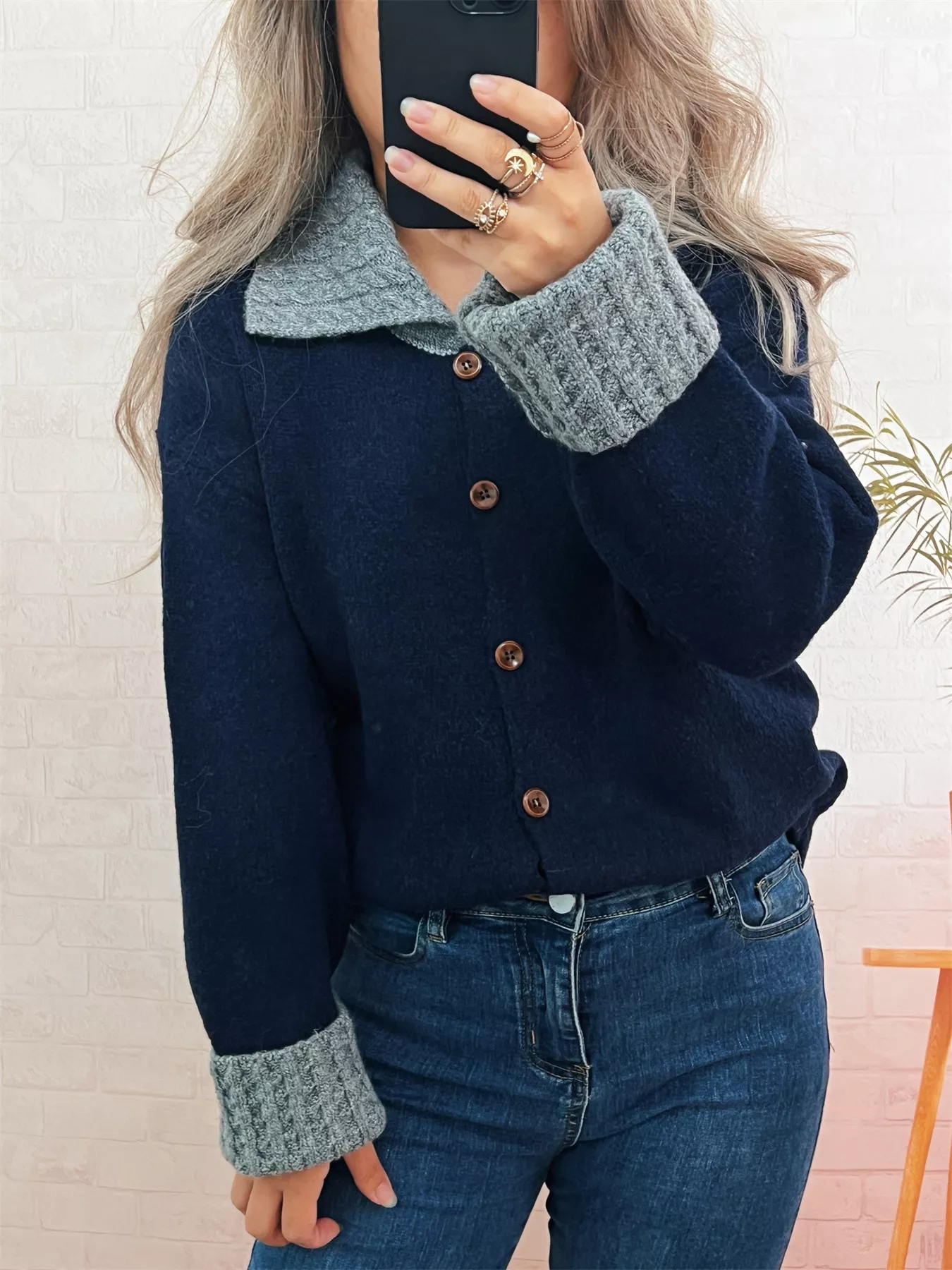 Striped Knit Button Down Cardigan with Collar - Image 9