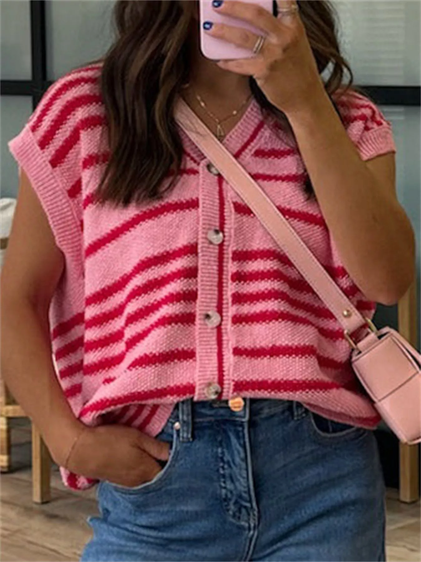 Striped Knit Button Up Cap Sleeve Cardigan - Image 5