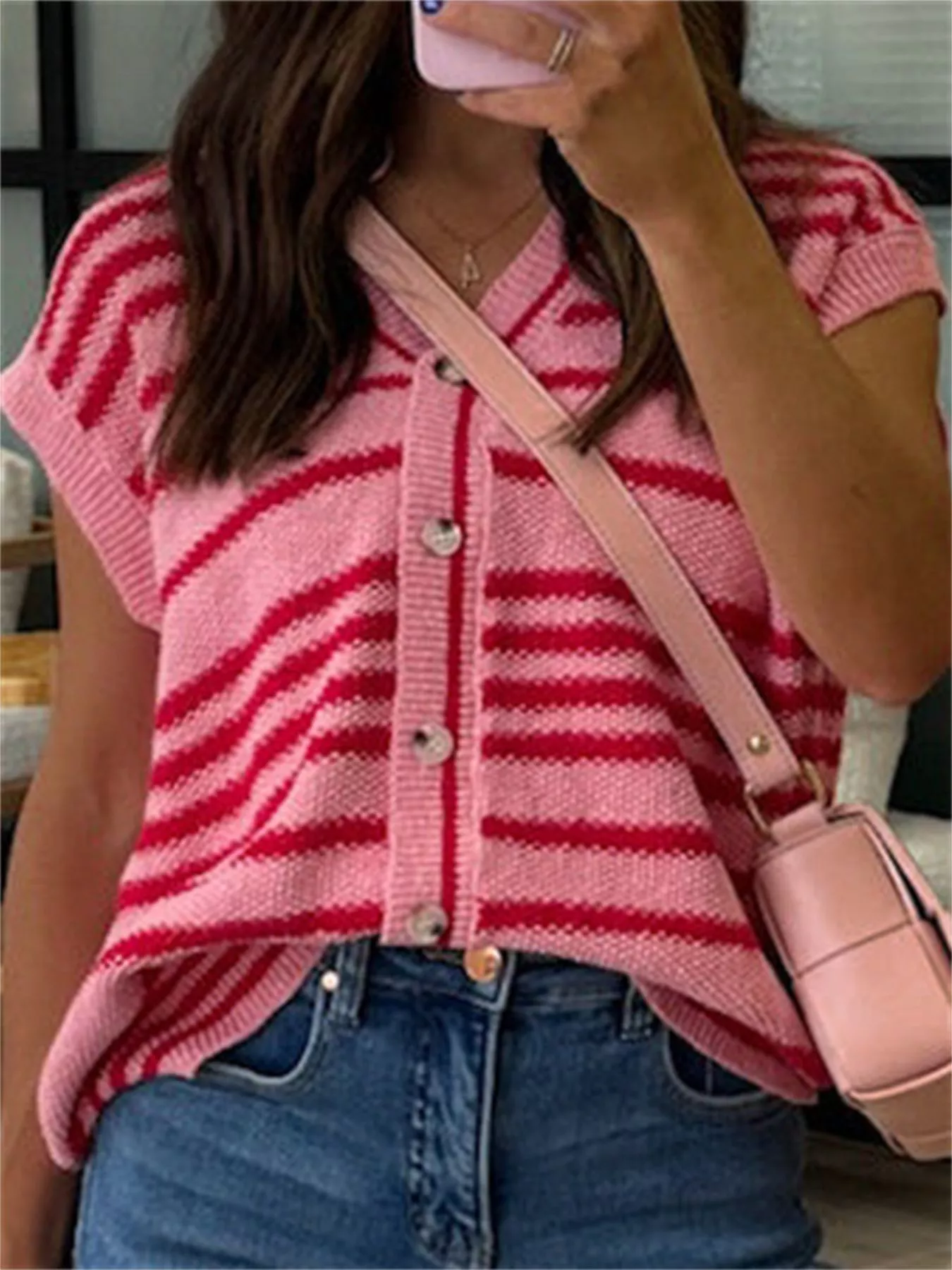 Striped Knit Button Up Cap Sleeve Cardigan - Image 7