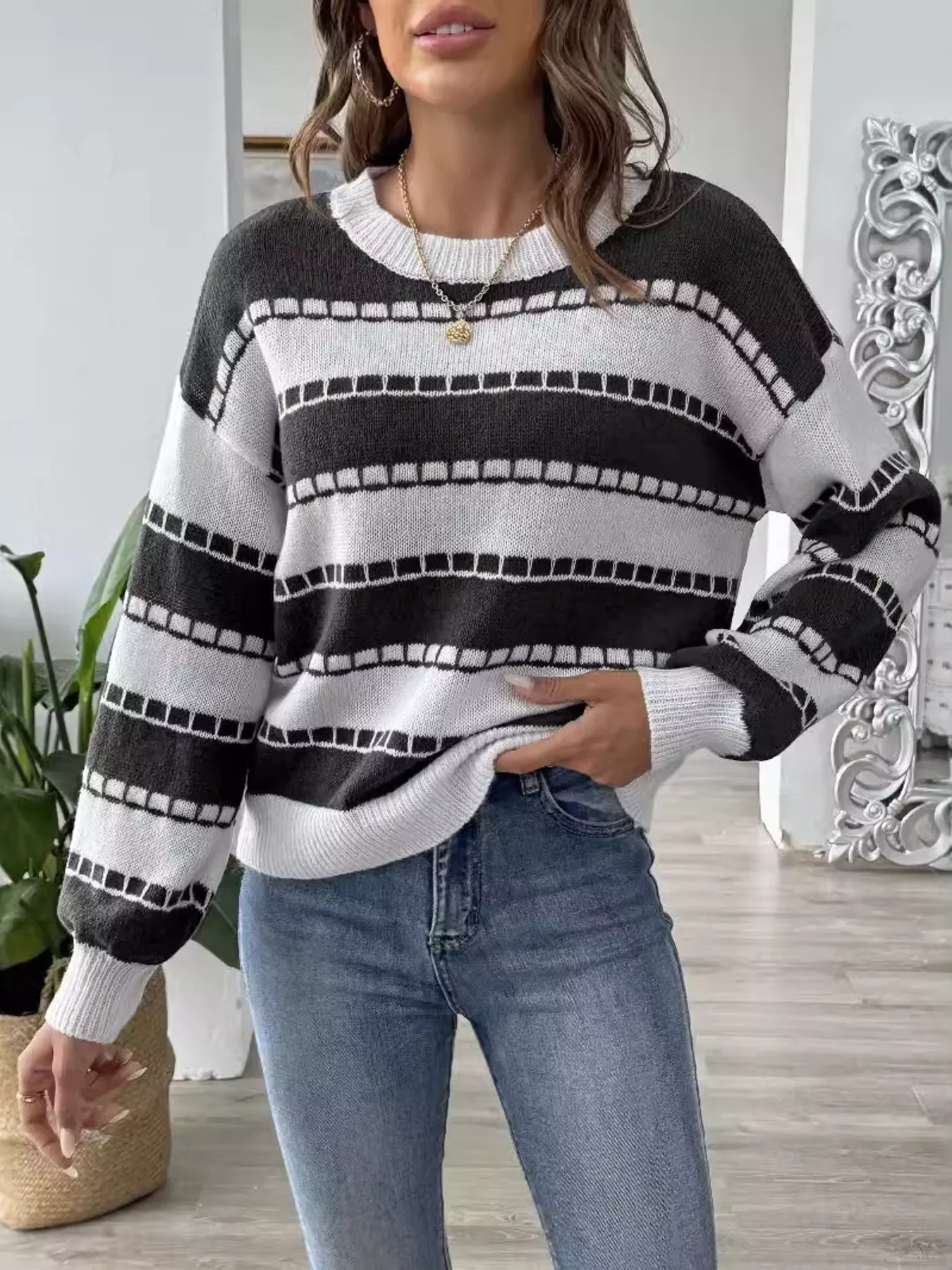 Striped Knit Dropped Shoulder Sweater - Image 10