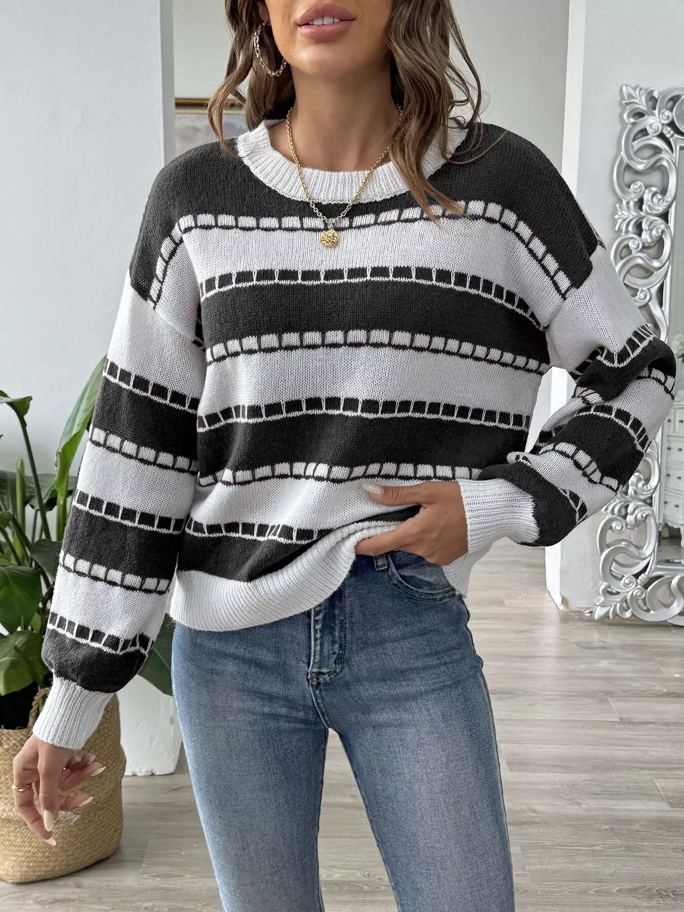 Striped Knit Dropped Shoulder Sweater - Image 8