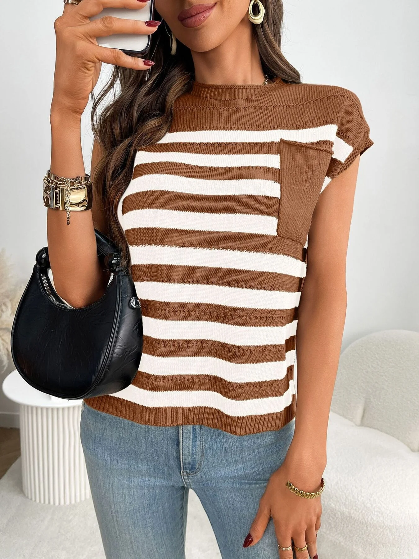 Striped Knit Pocket Detail Cap Sleeve Sweater - Image 12