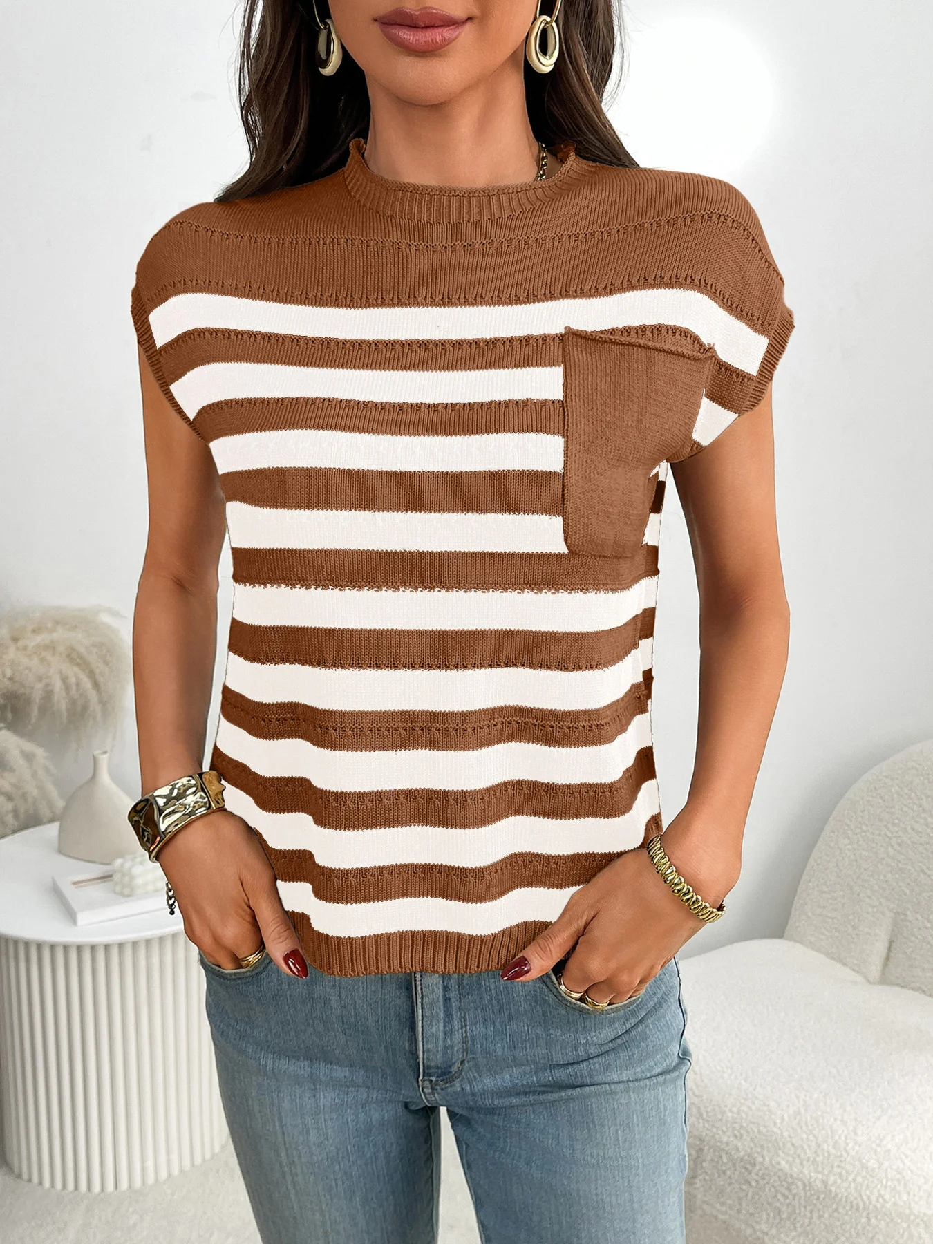 Striped Knit Pocket Detail Cap Sleeve Sweater - Image 14