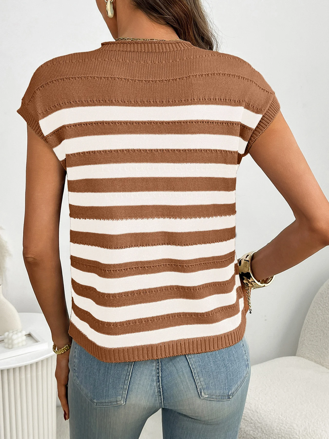 Striped Knit Pocket Detail Cap Sleeve Sweater - Image 15