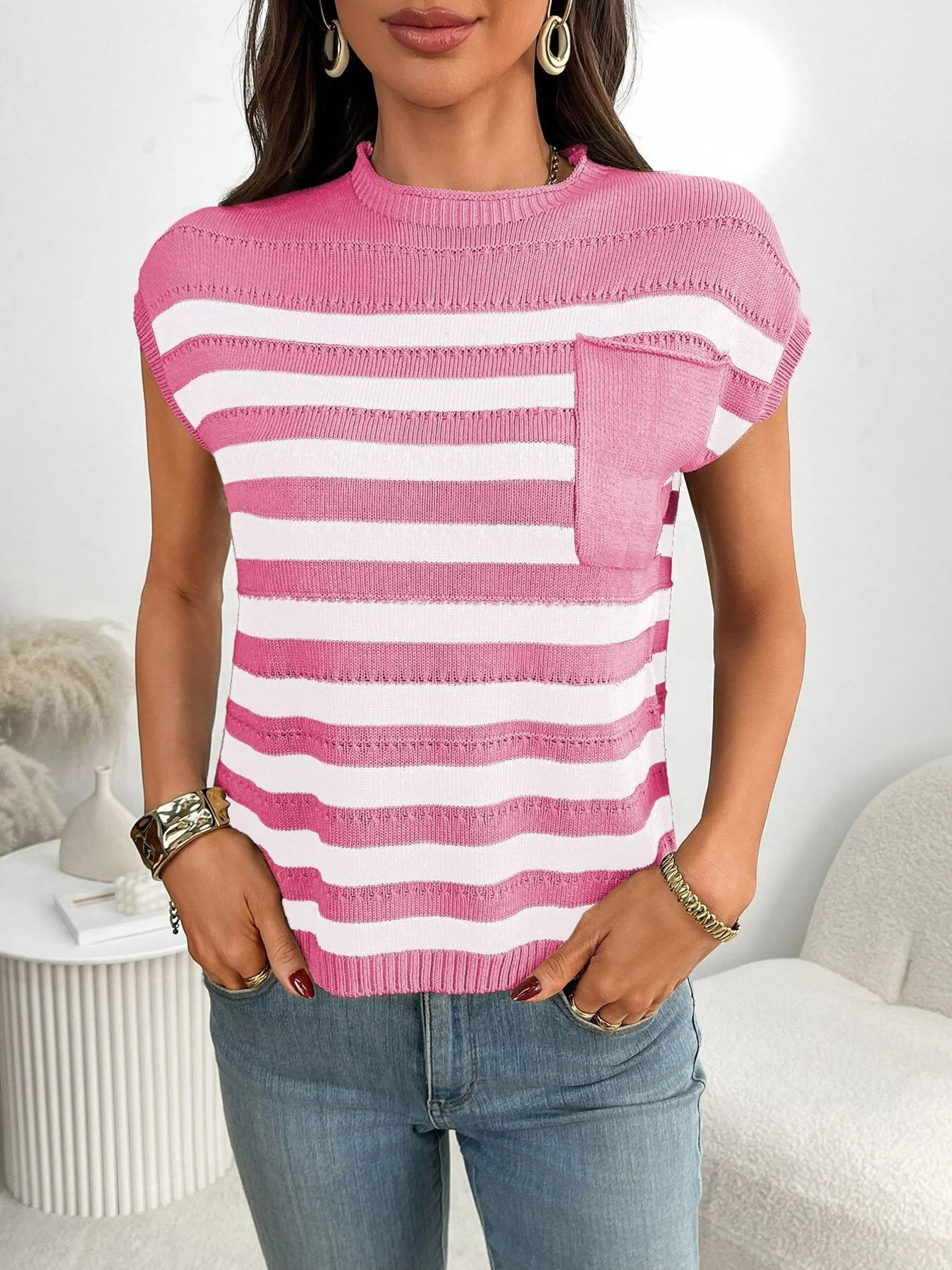 Striped Knit Pocket Detail Cap Sleeve Sweater - Image 16
