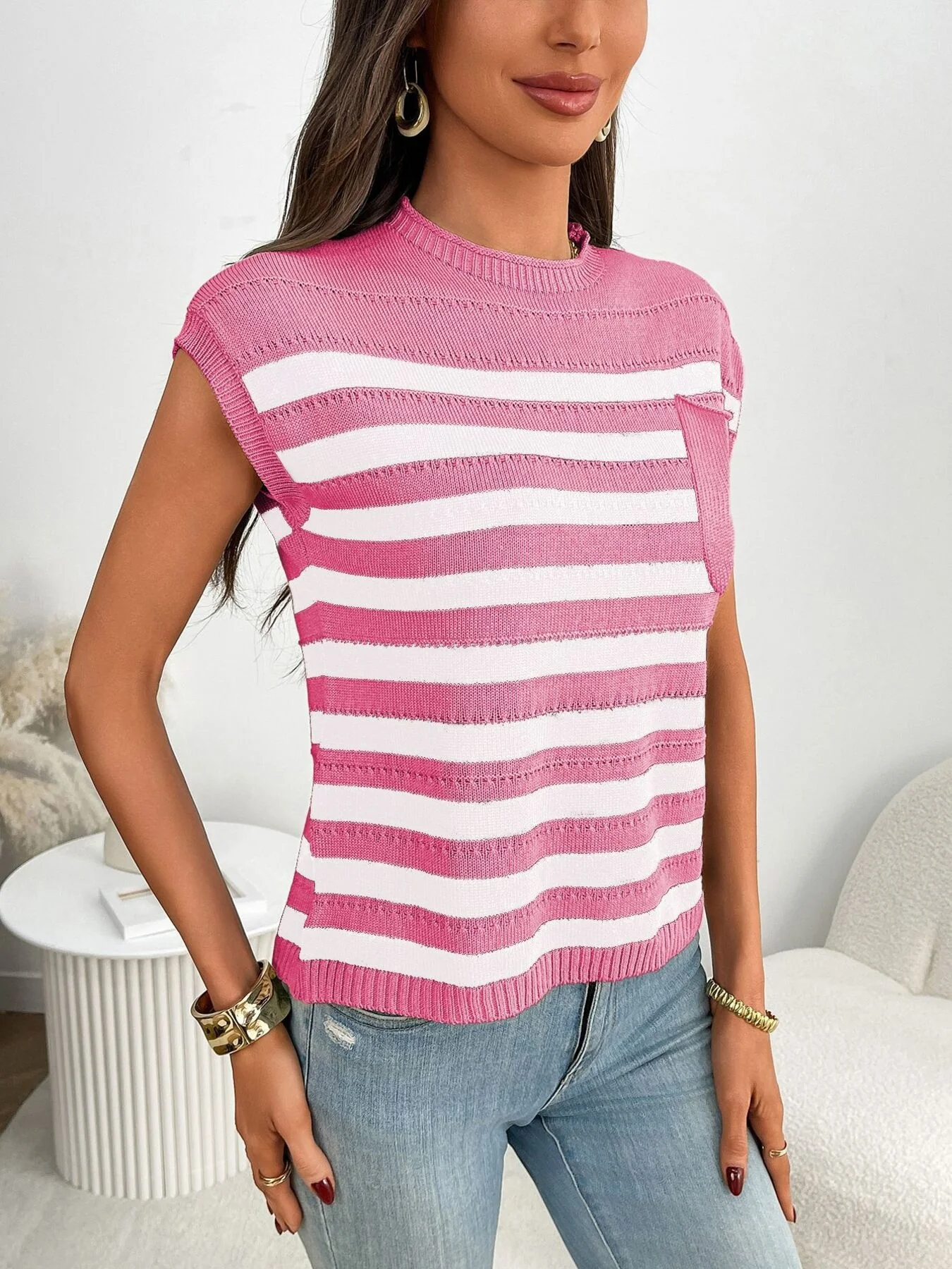 Striped Knit Pocket Detail Cap Sleeve Sweater - Image 19
