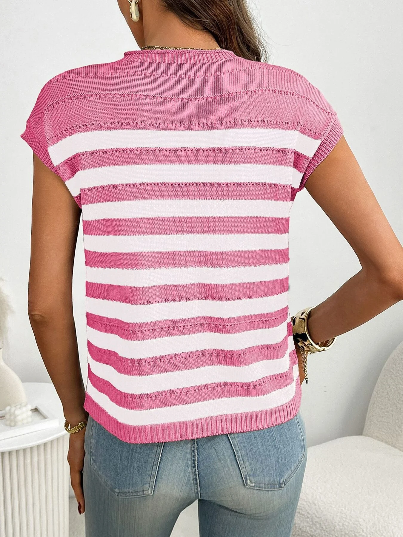 Striped Knit Pocket Detail Cap Sleeve Sweater - Image 20