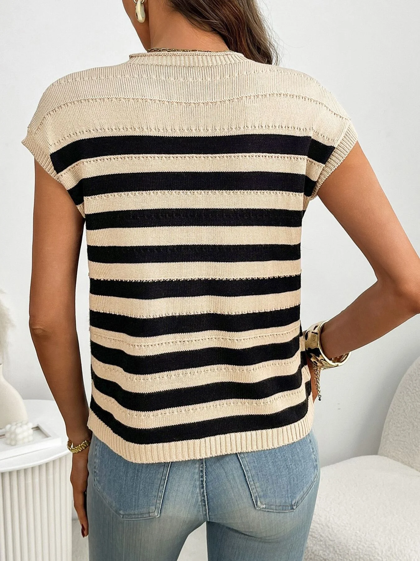 Striped Knit Pocket Detail Cap Sleeve Sweater - Image 6