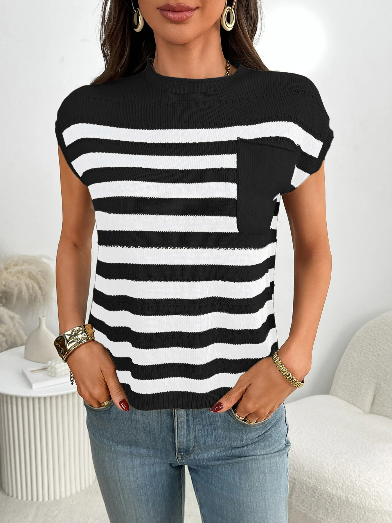Striped Knit Pocket Detail Cap Sleeve Sweater - Image 8