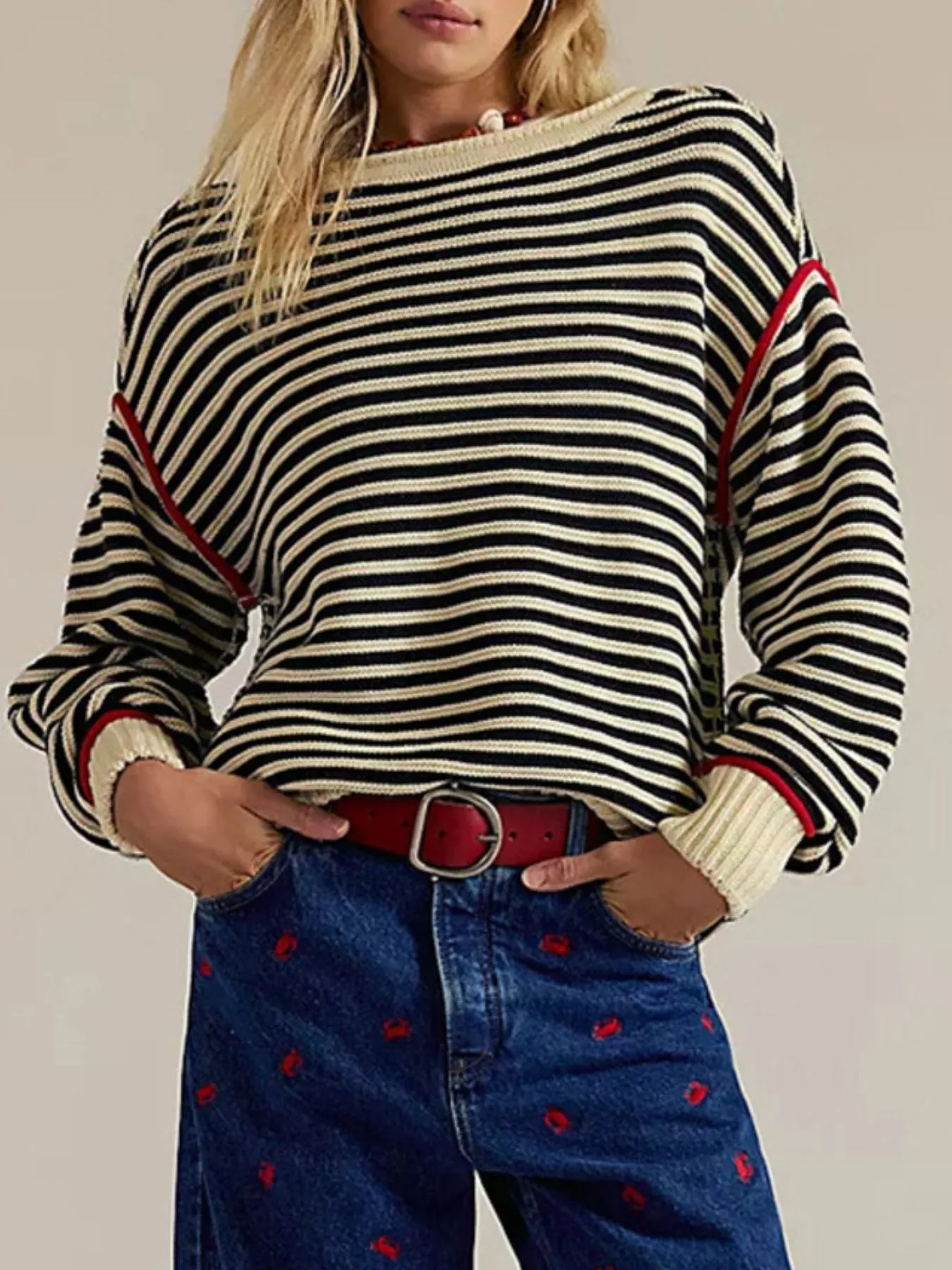 Striped Knit Round Neck Sweater - Image 4