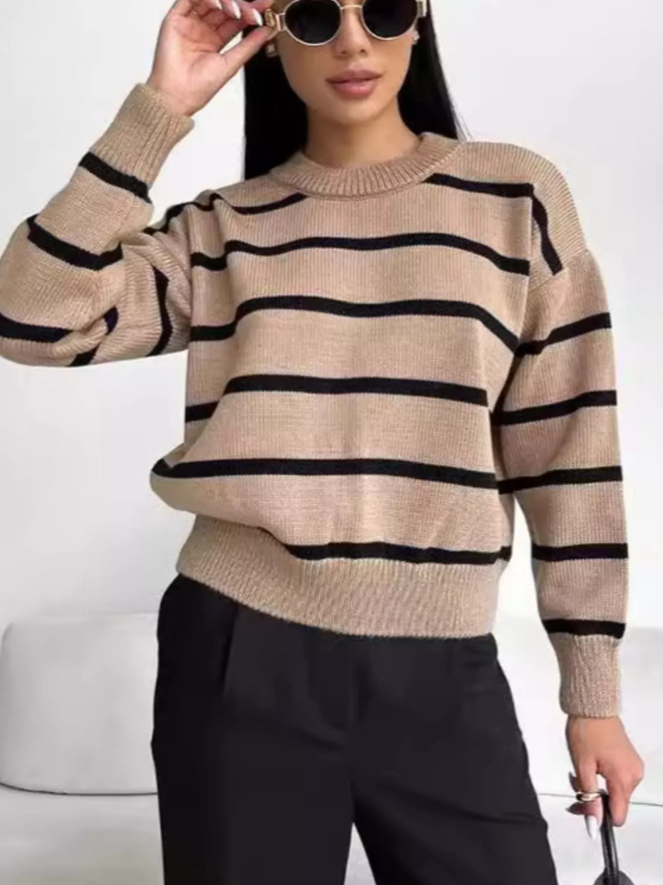 Striped Knit Round Neck Sweater - Image 2
