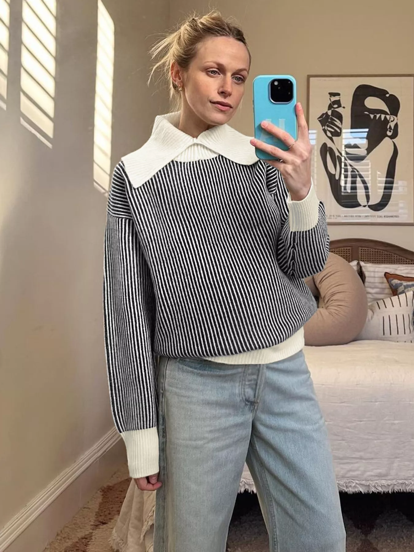 Striped Knit Sweater with Contrast Collar - Image 4