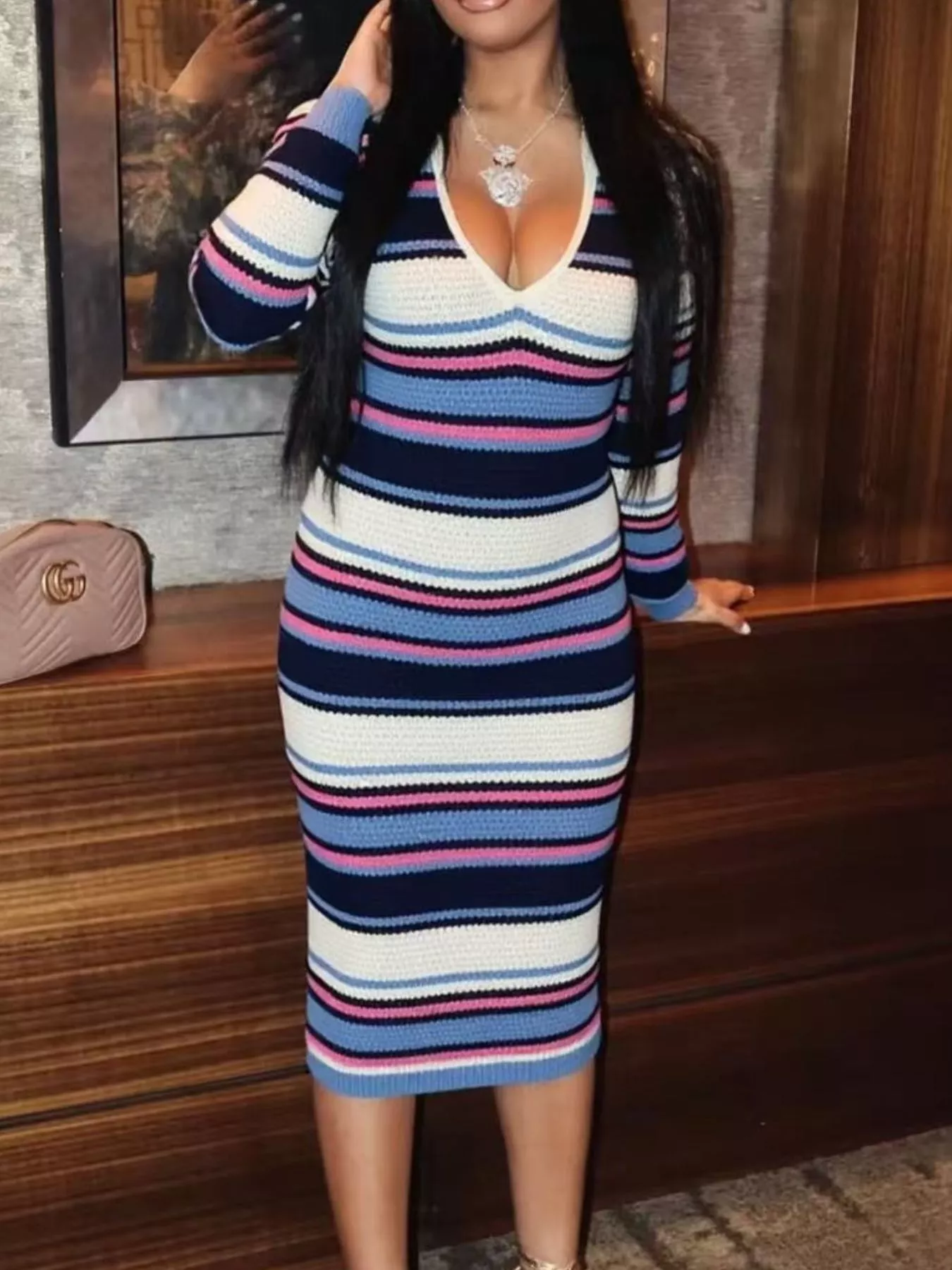 Striped Knitted Bodycon Sweater Dress - Image 2