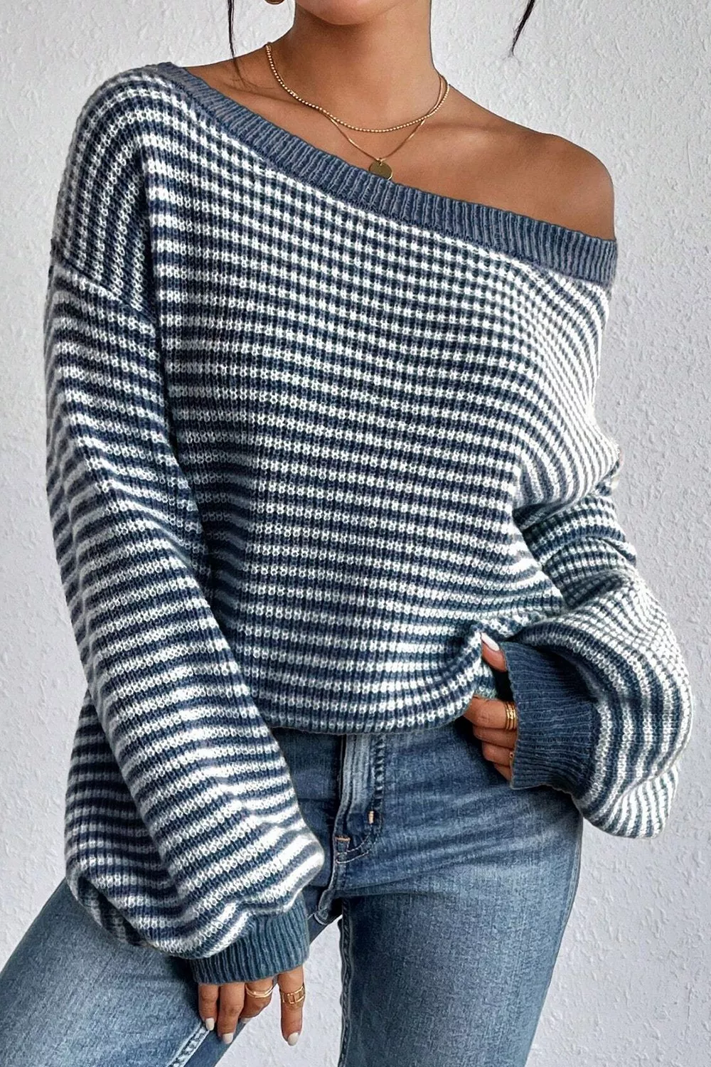 Striped Lantern Sleeve Drop Shoulder Cozy Sweater - Image 2
