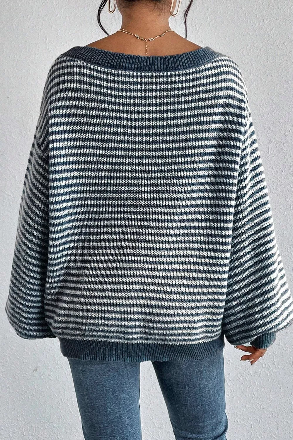 Striped Lantern Sleeve Drop Shoulder Cozy Sweater - Image 3