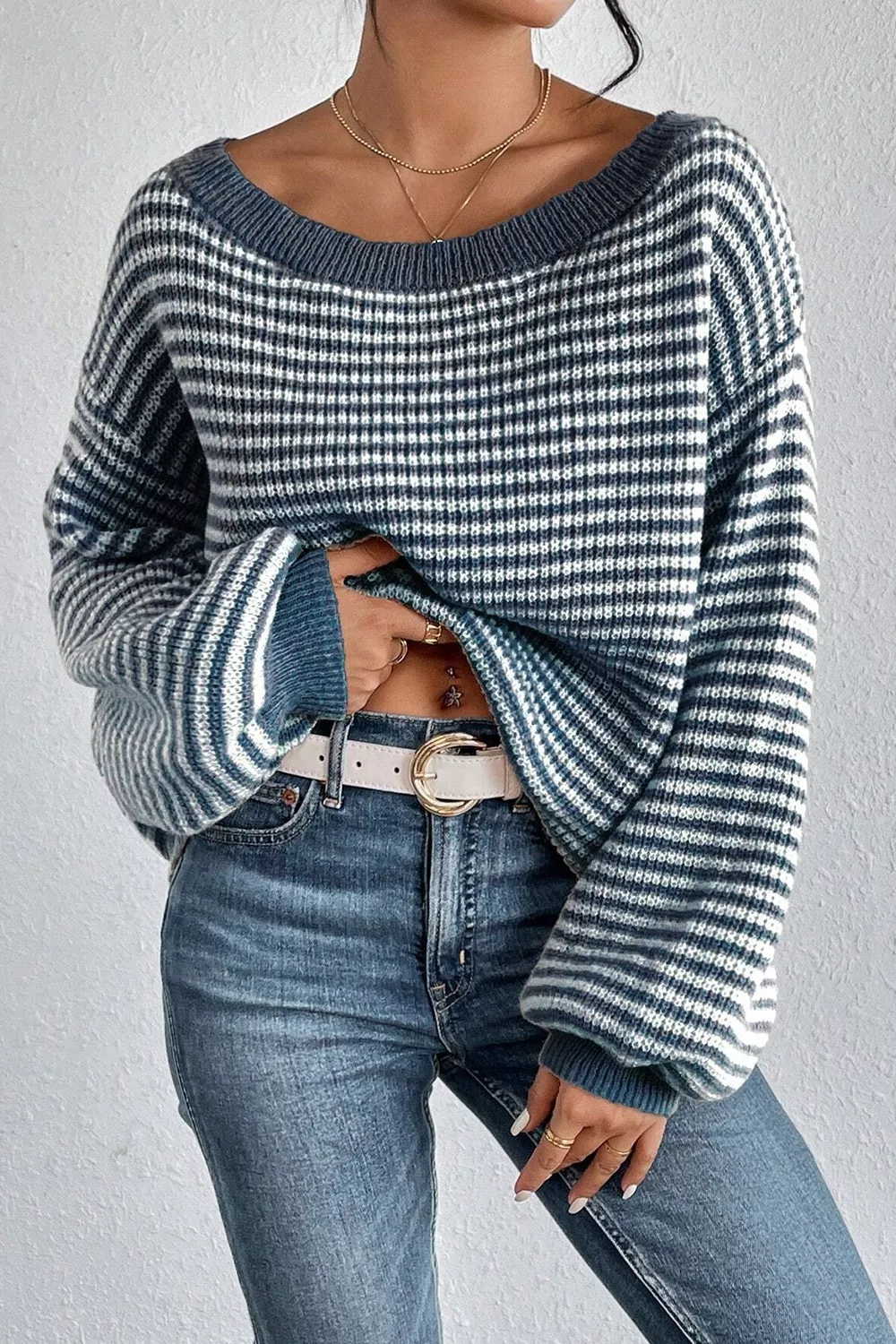 Striped Lantern Sleeve Drop Shoulder Cozy Sweater - Image 4