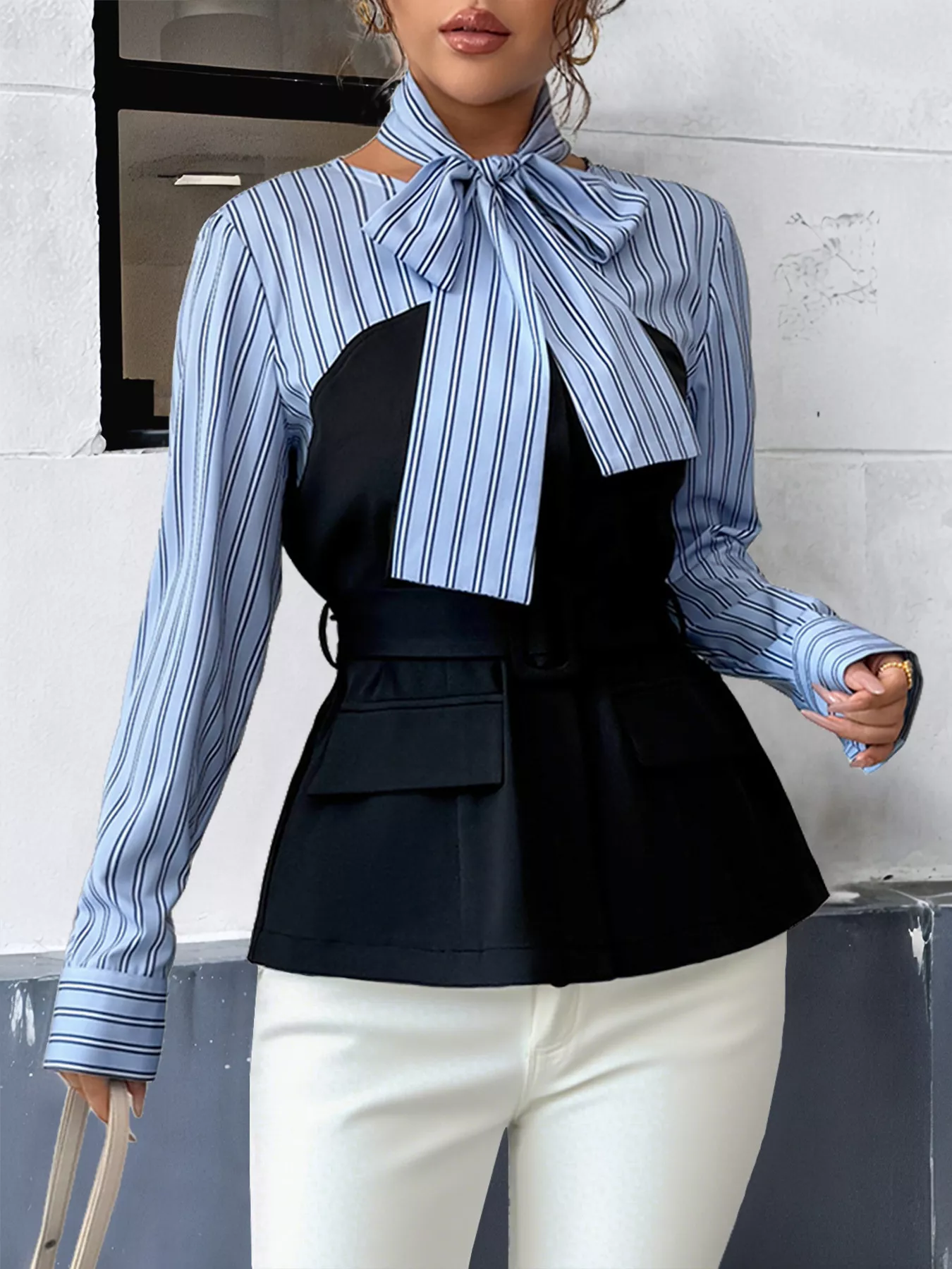 Striped Long Sleeve Blouse with Bow Tie - Image 3
