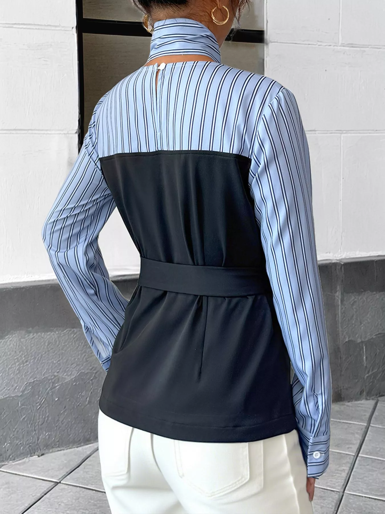 Striped Long Sleeve Blouse with Bow Tie - Image 6