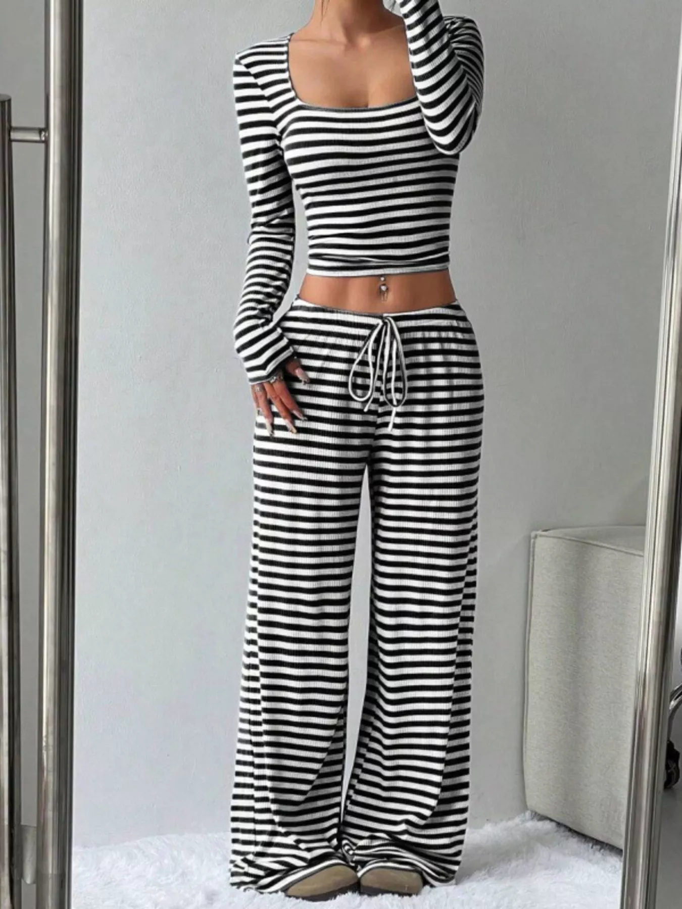 Striped Long Sleeve Crop Top & Wide Leg Pants Set - Image 6