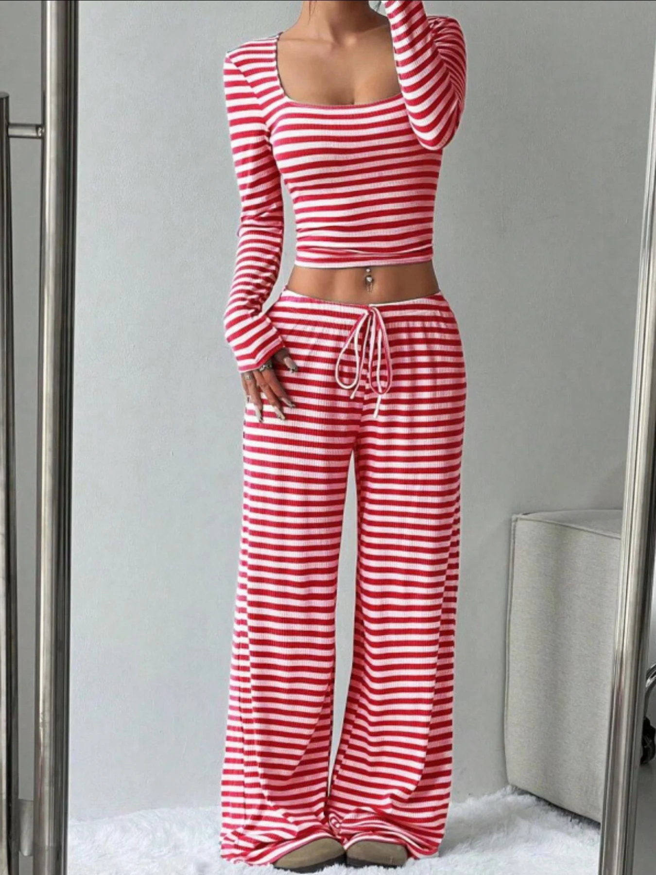 Striped Long Sleeve Crop Top & Wide Leg Pants Set - Image 9