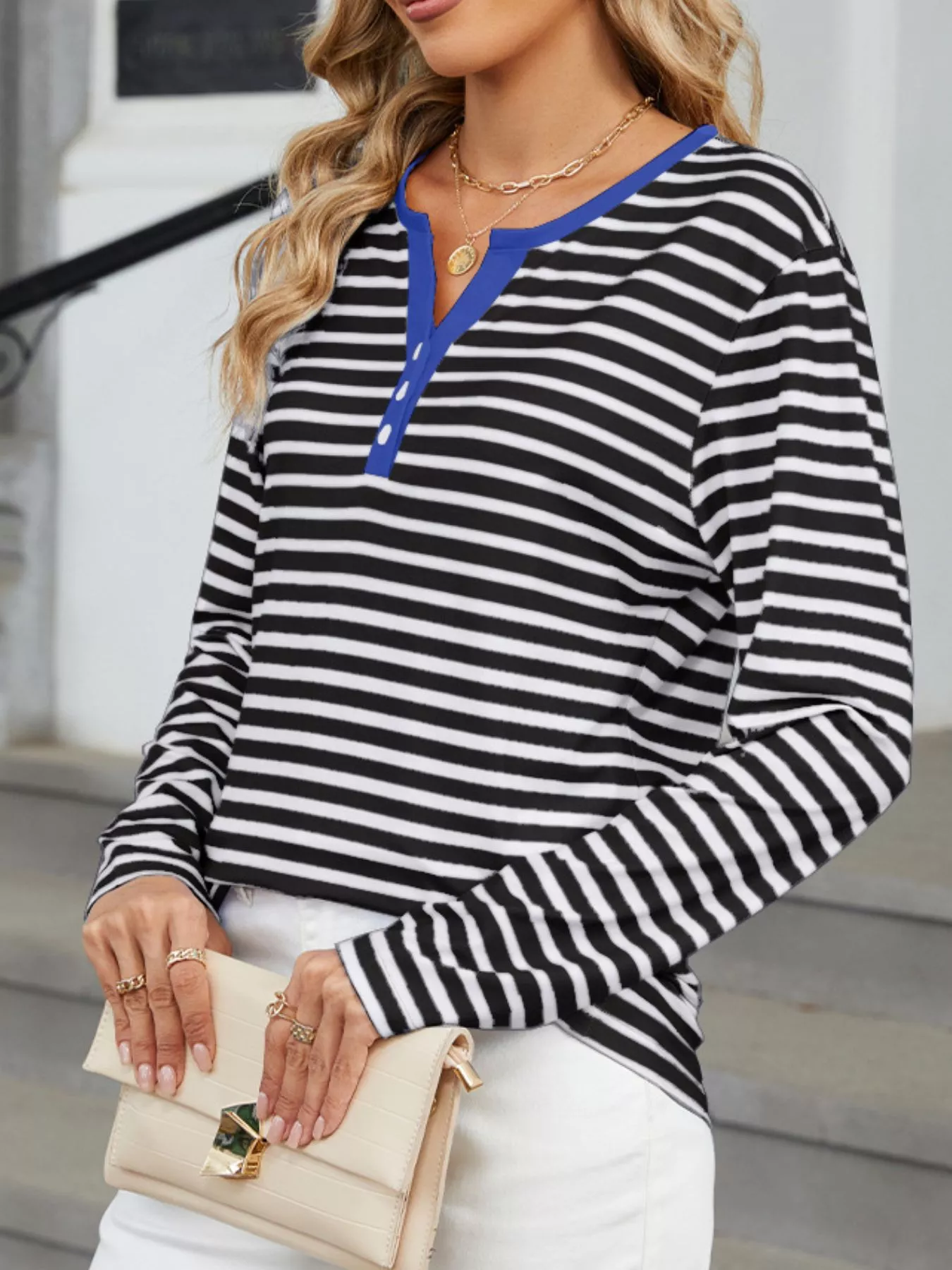 Striped Long Sleeve Henley T-Shirt - Image 4