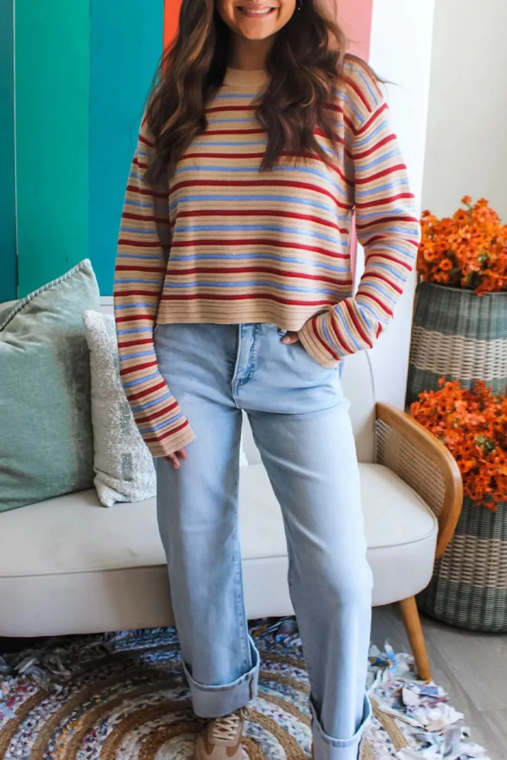 Striped Long Sleeve Round Neck Sweater - Image 2