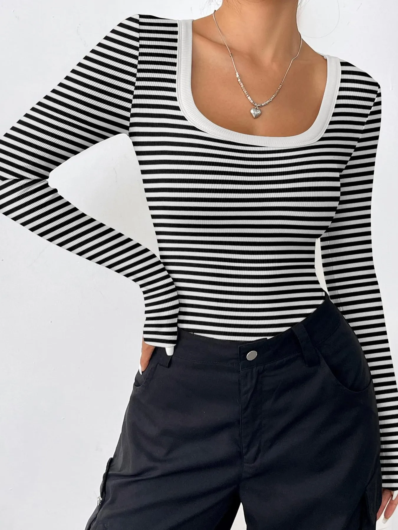 Striped Long Sleeve Scoop Neck T-Shirt - Image 2