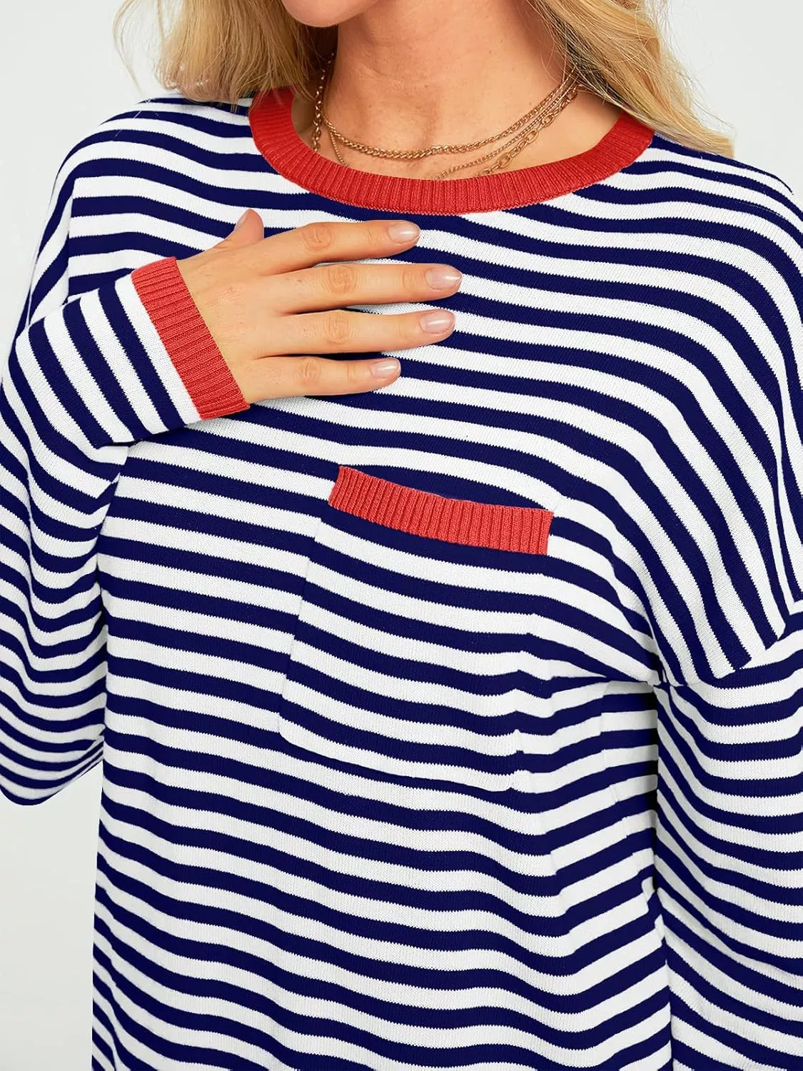 Striped Long Sleeve Sweater with Contrast Ribbed Trim - Image 18