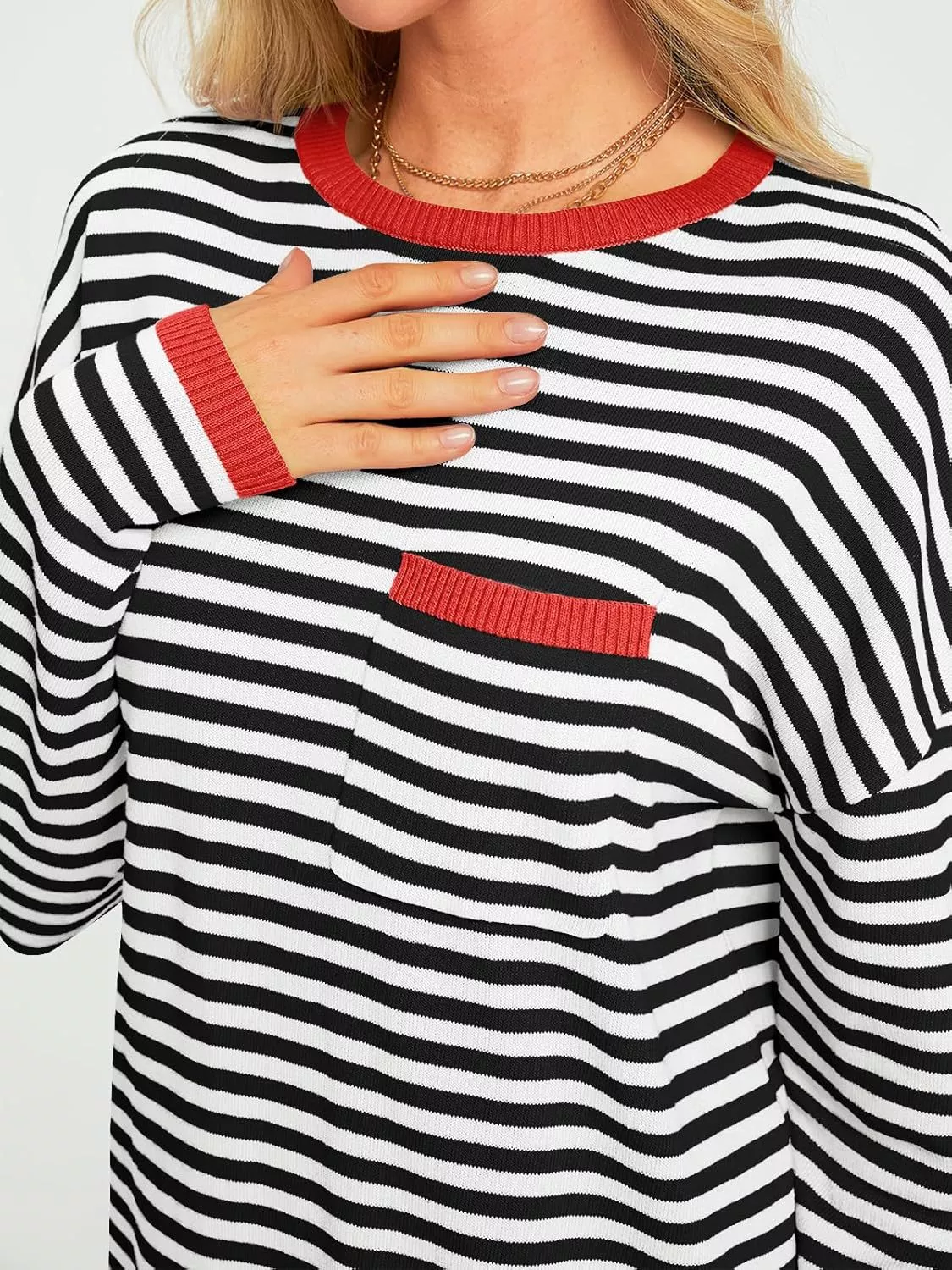 Striped Long Sleeve Sweater with Contrast Ribbed Trim - Image 7