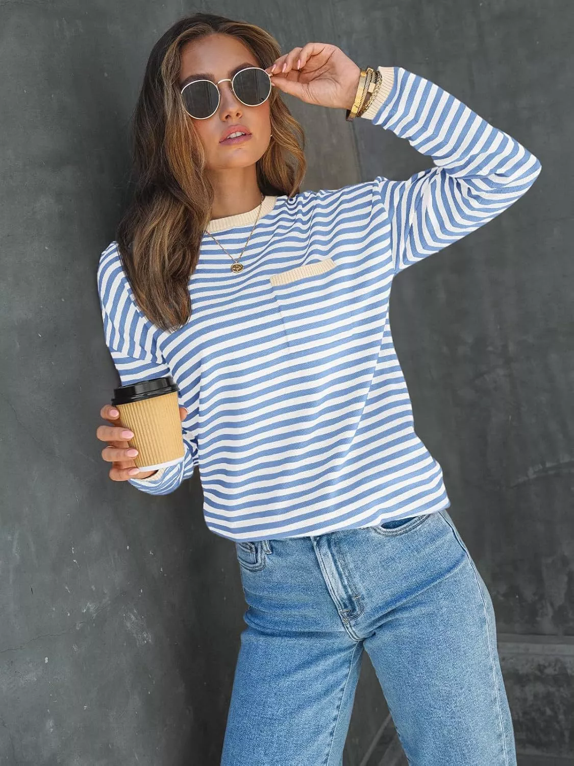 Striped Long Sleeve Sweater with Contrast Ribbed Trim - Image 8