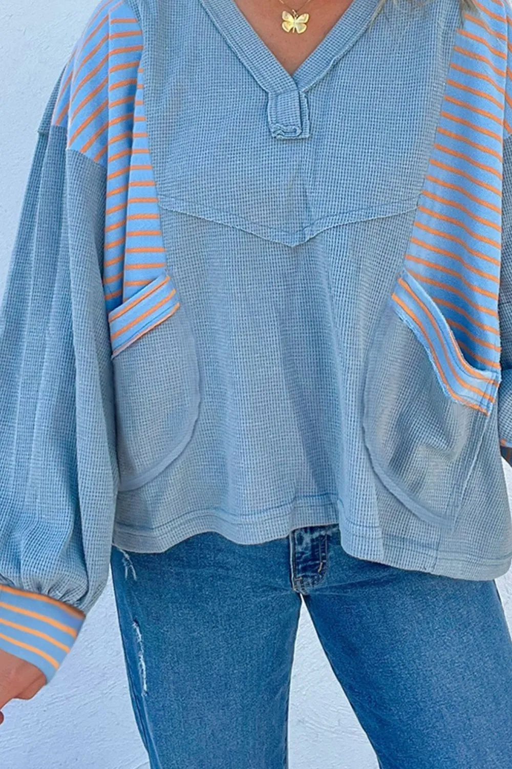 Striped Long Sleeve V-Neck Oversized Sweatshirt - Image 3