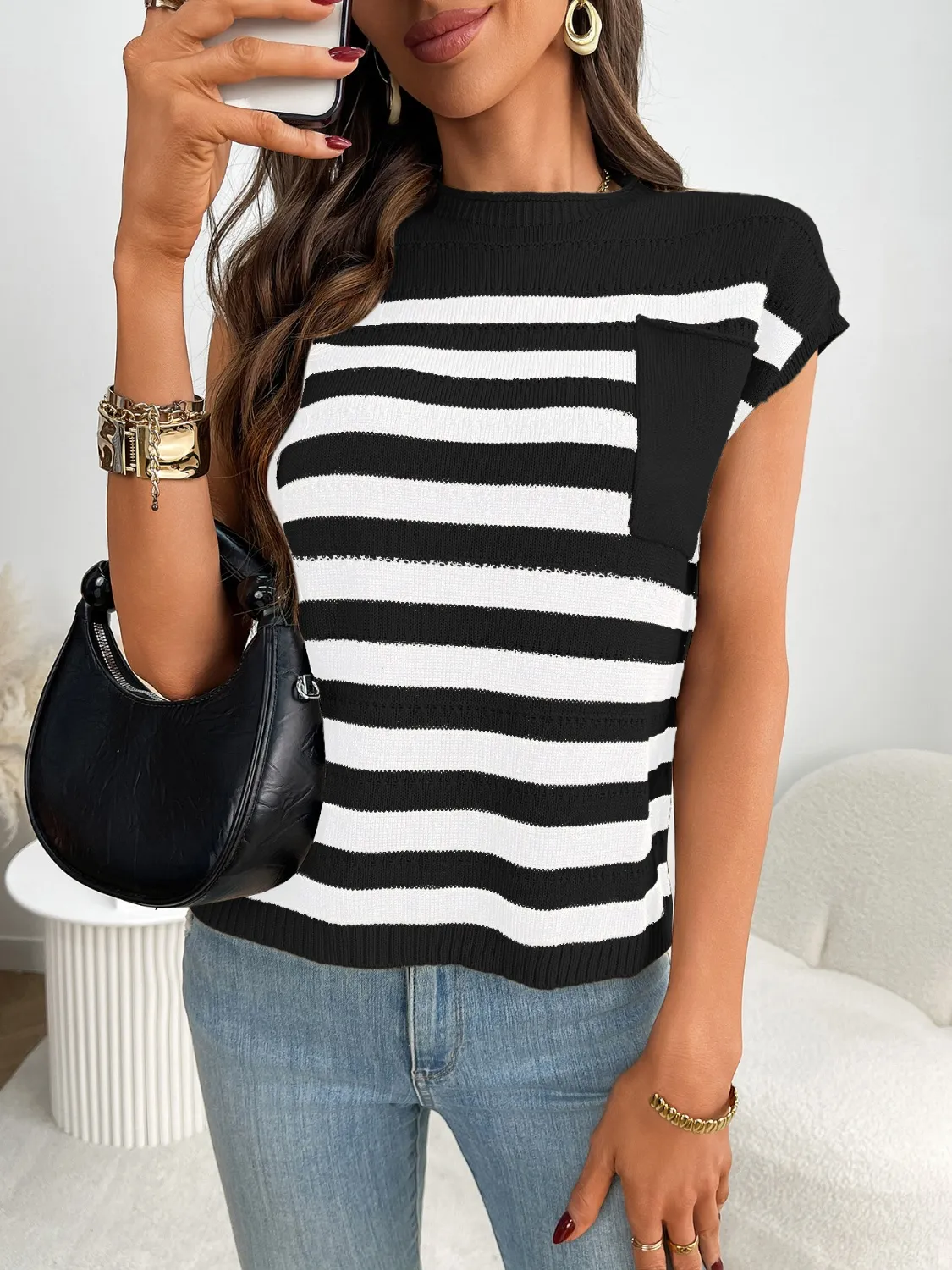 Striped Mock Neck Cap Sleeve Knit Top - Image 11