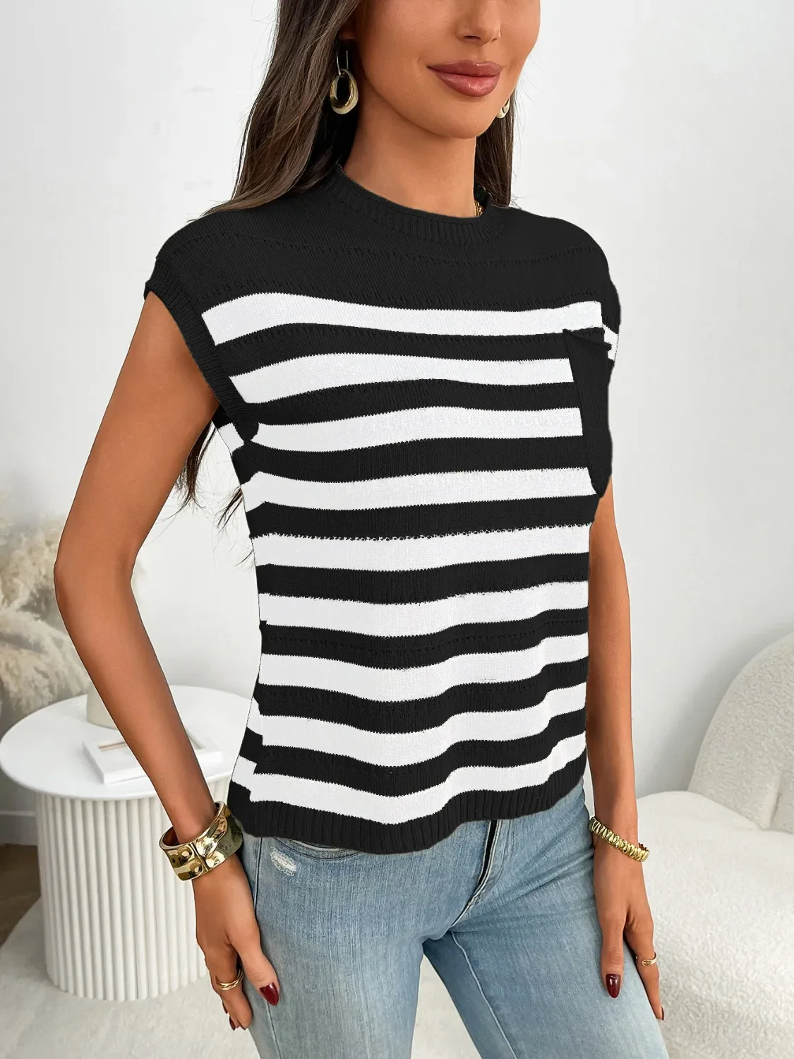 Striped Mock Neck Cap Sleeve Knit Top - Image 12