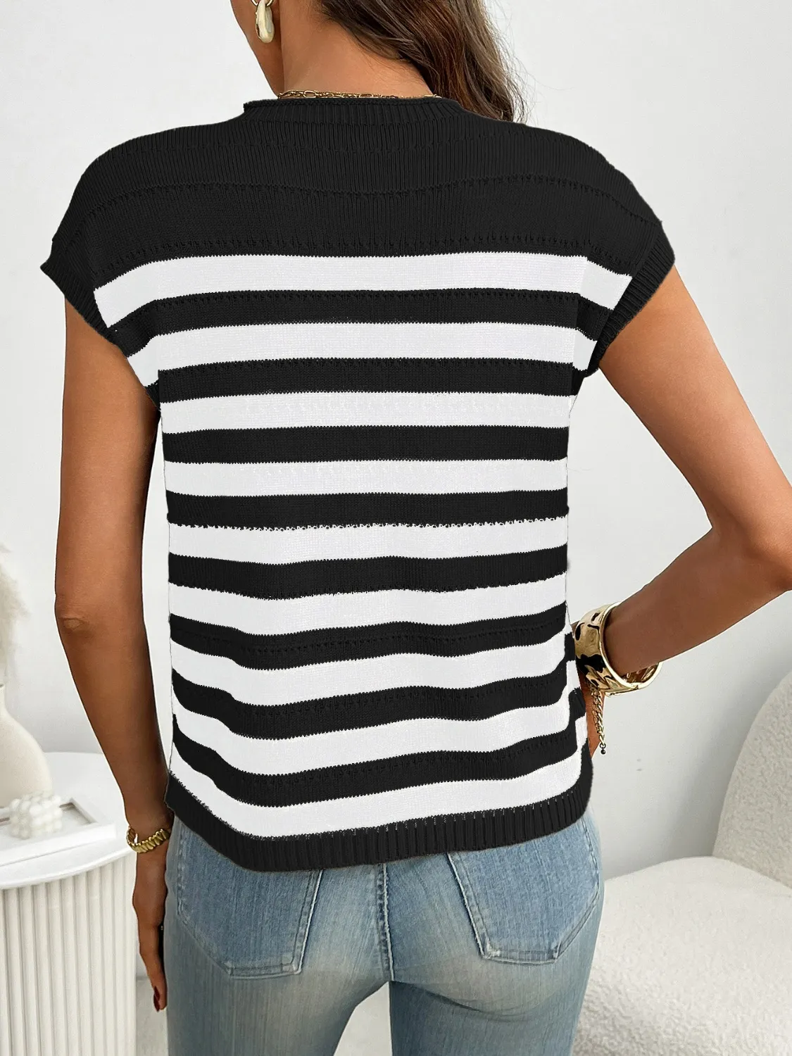 Striped Mock Neck Cap Sleeve Knit Top - Image 15