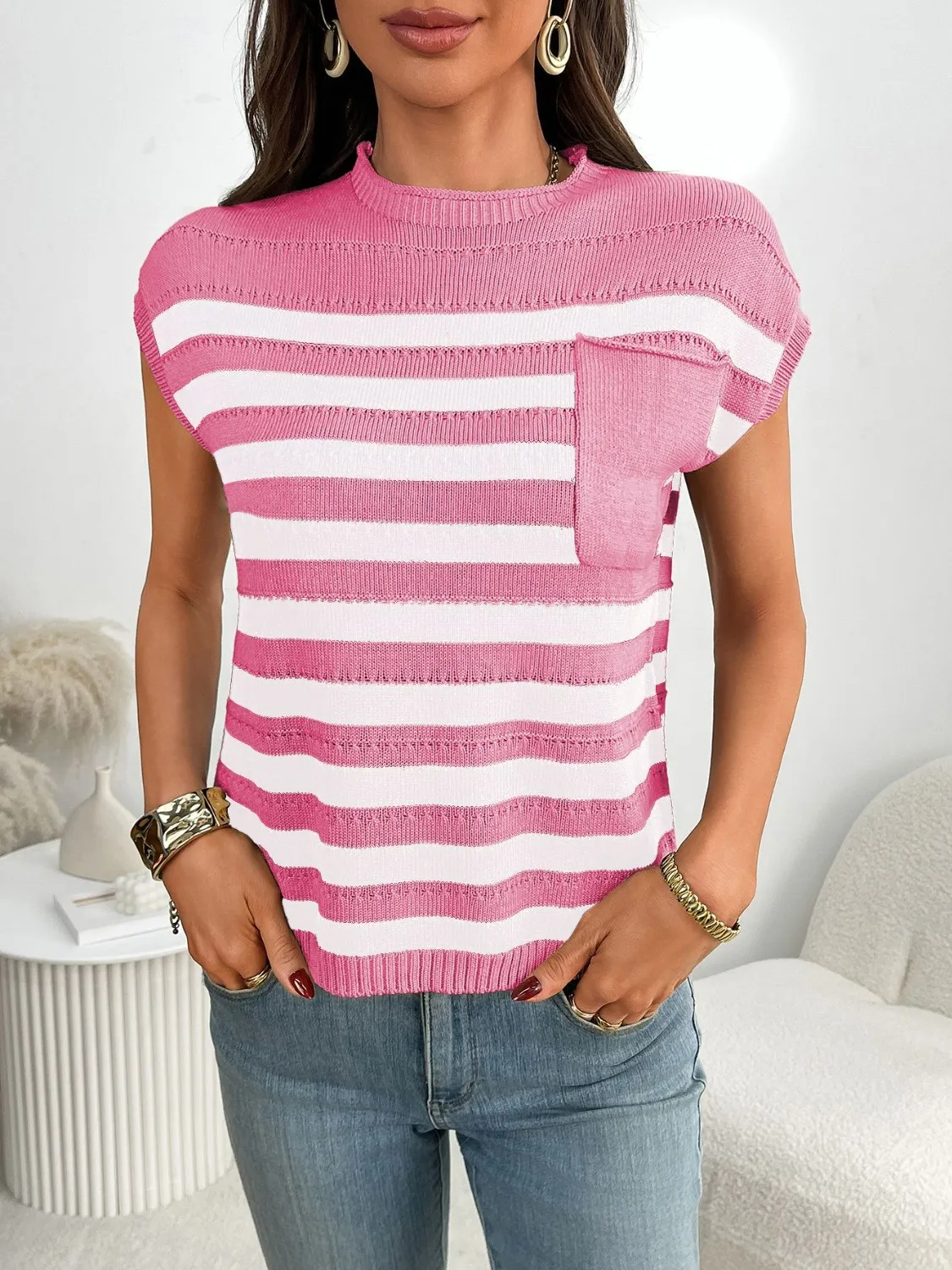 Striped Mock Neck Cap Sleeve Knit Top - Image 6