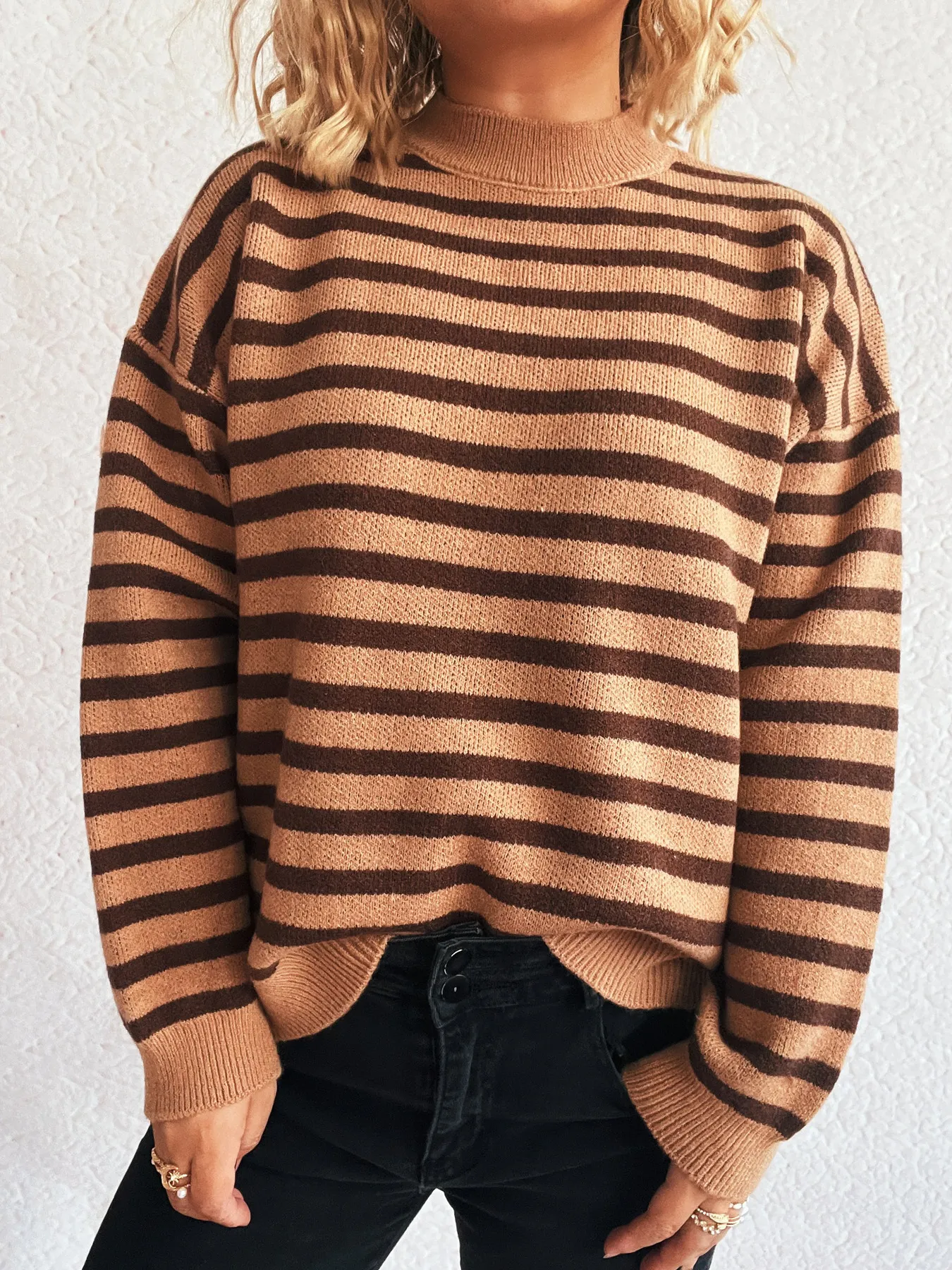 Striped Mock Neck Long Sleeve Sweater - Image 15