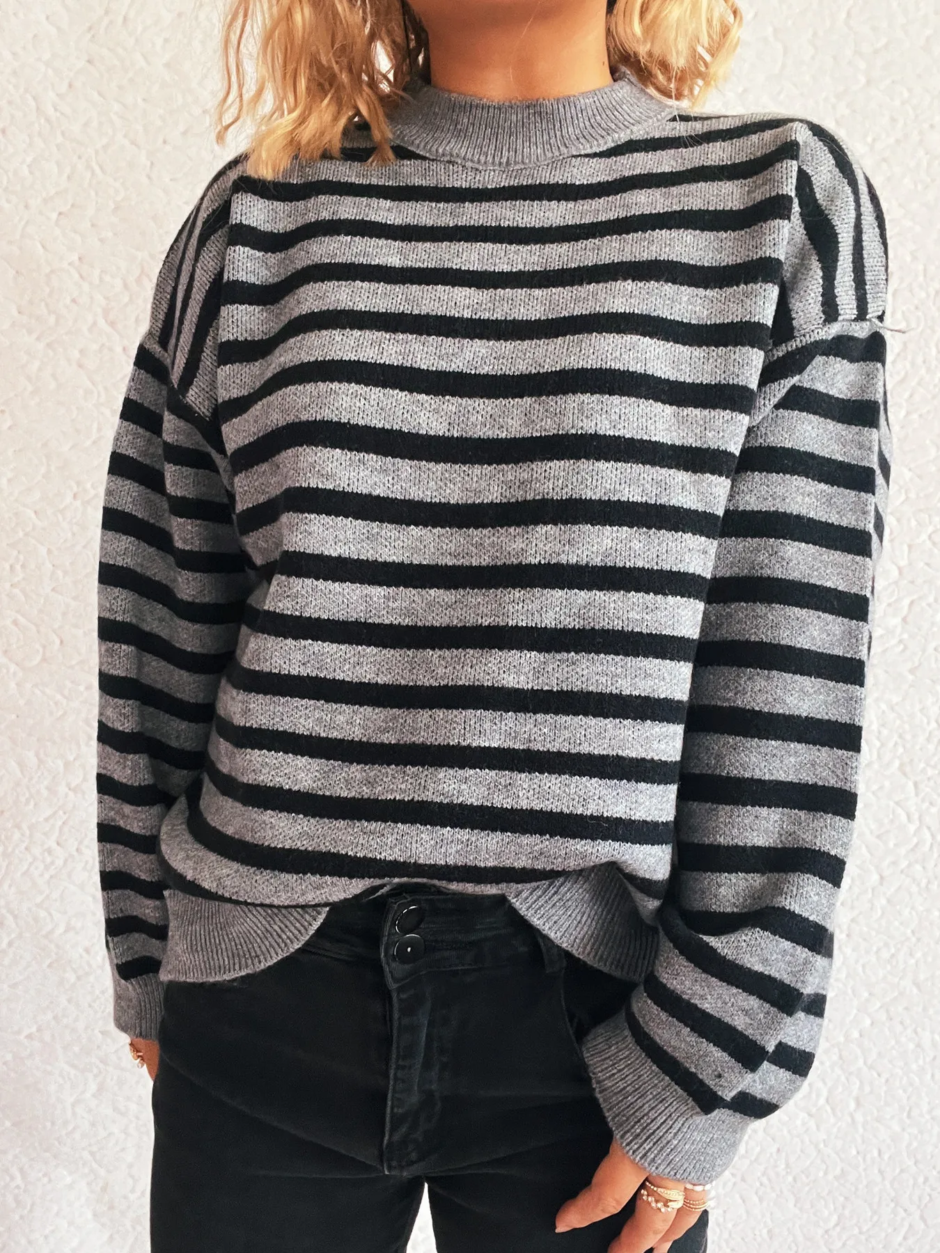 Striped Mock Neck Long Sleeve Sweater - Image 26