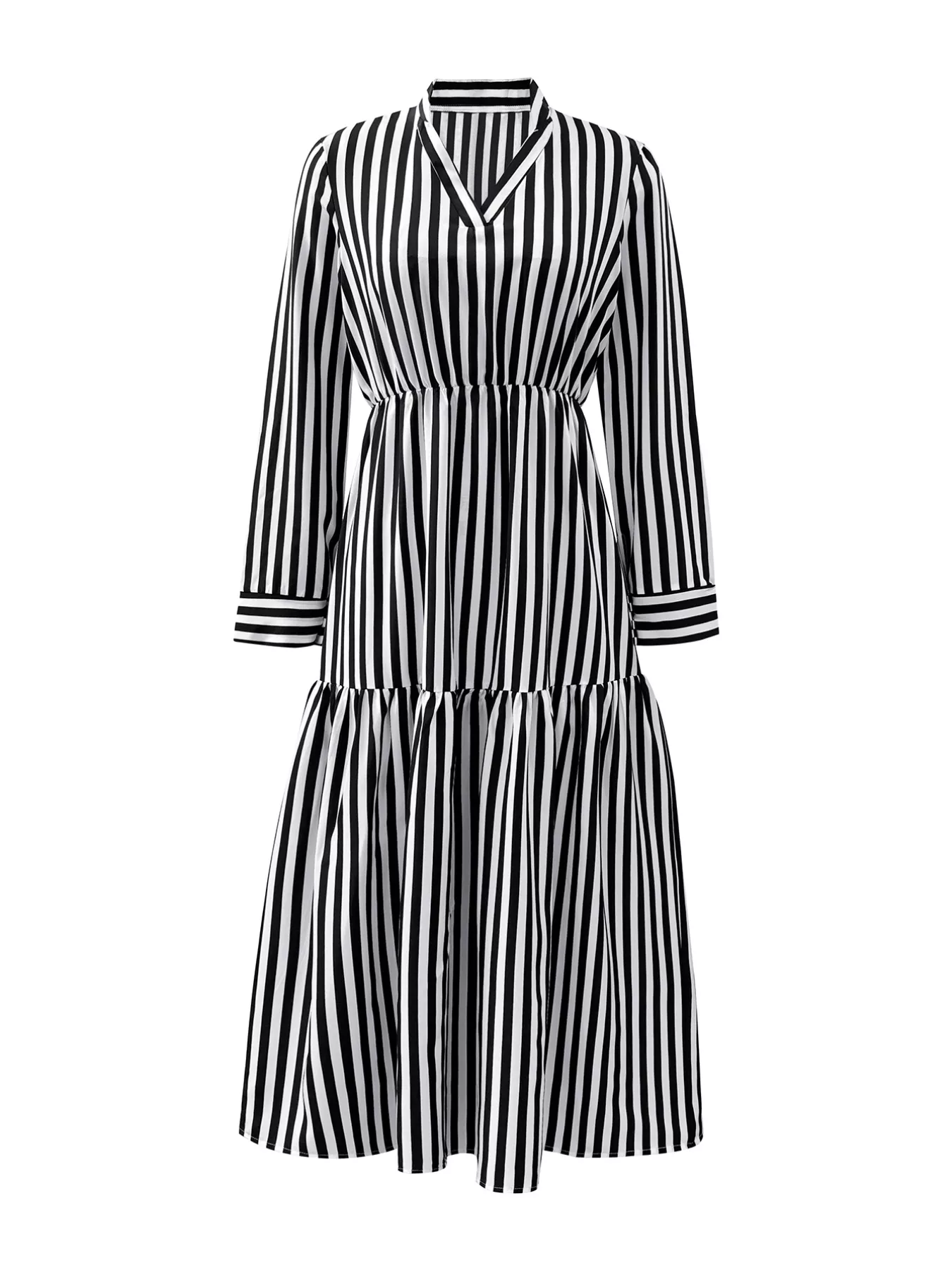 Striped Notched Long Sleeve Midi Dress - Image 5