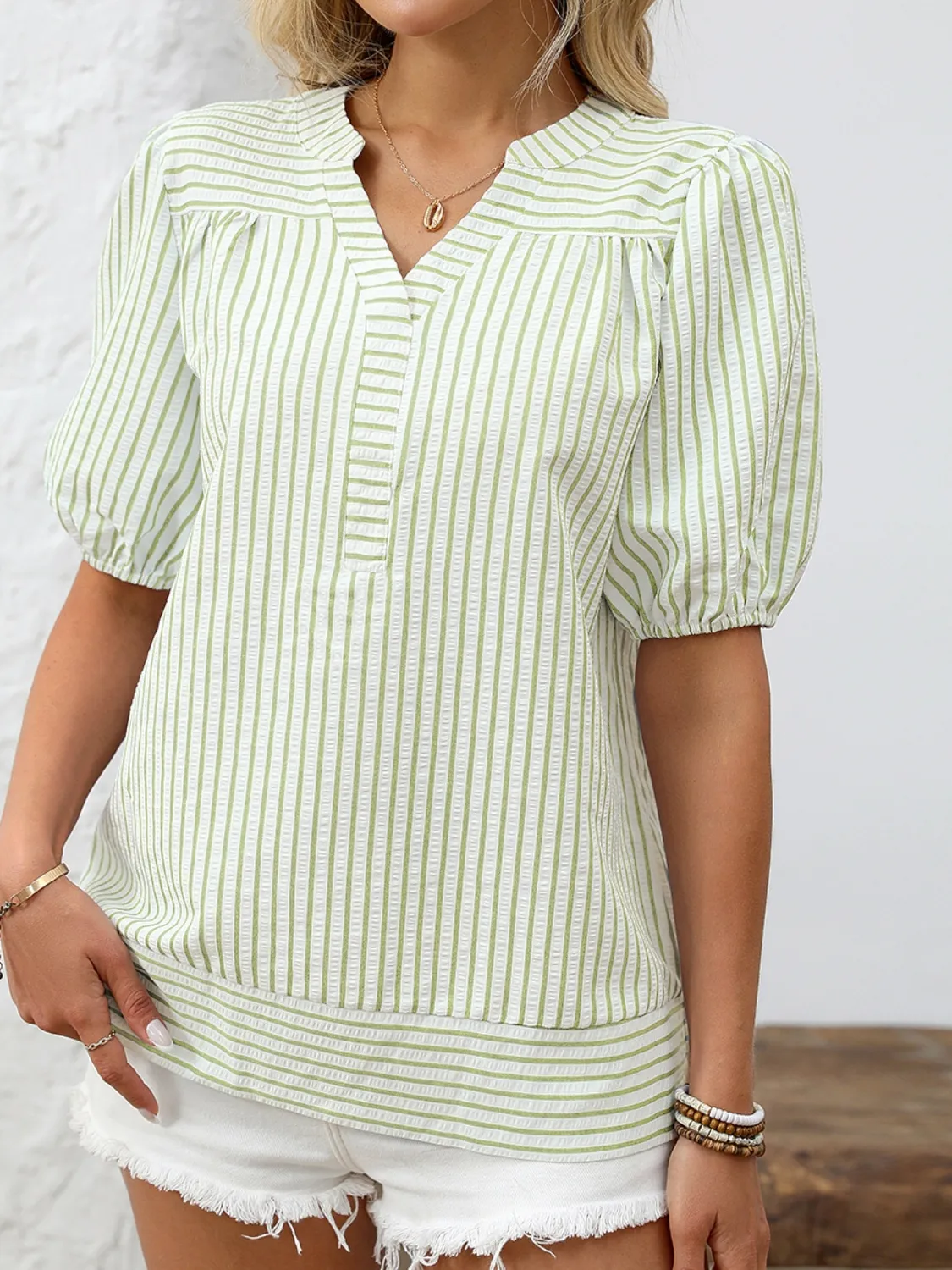 Striped Notched Puff Sleeve Blouse - Image 10