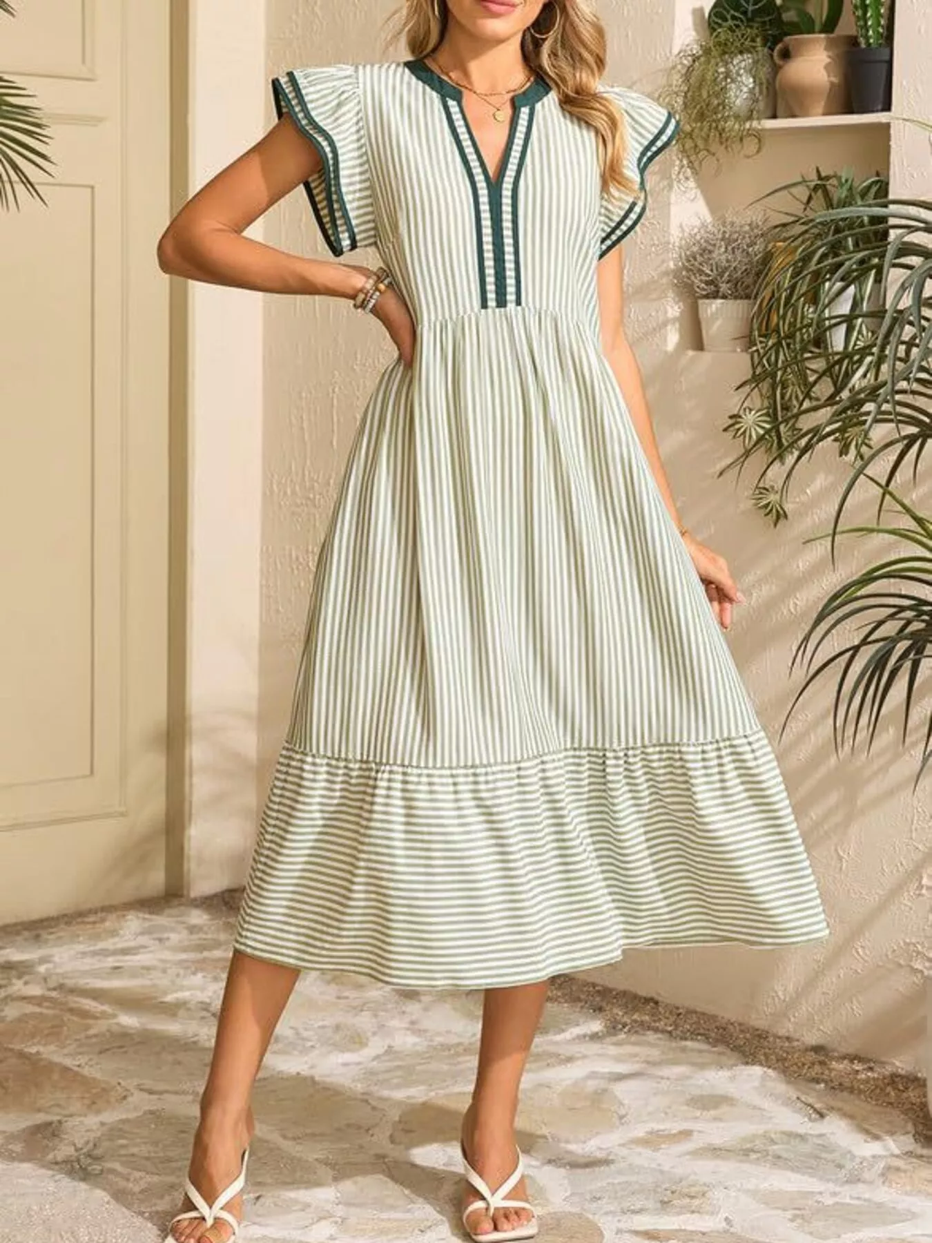 Striped Notched Ruffle Sleeve Dress - Image 13
