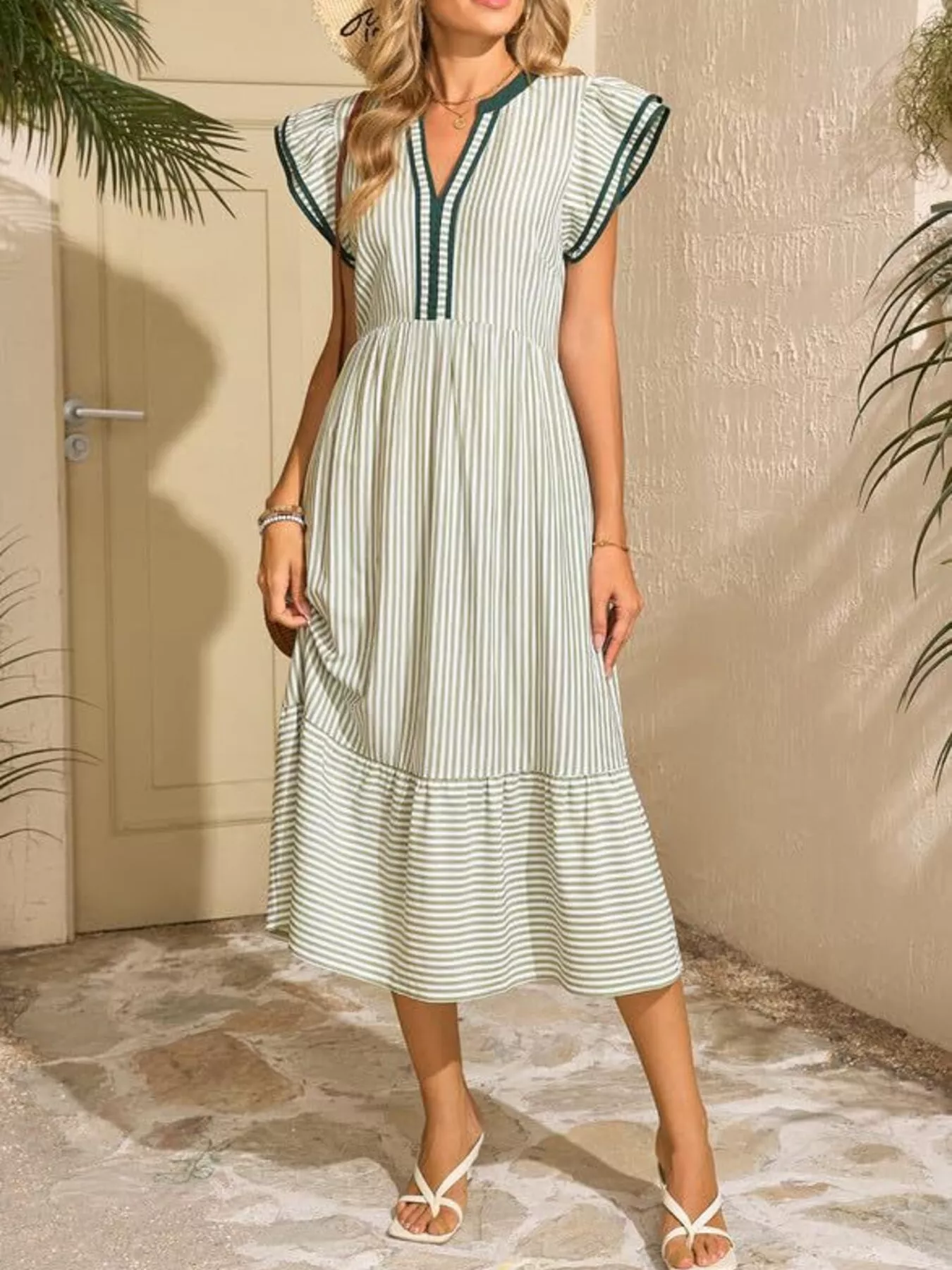 Striped Notched Ruffle Sleeve Dress - Image 14