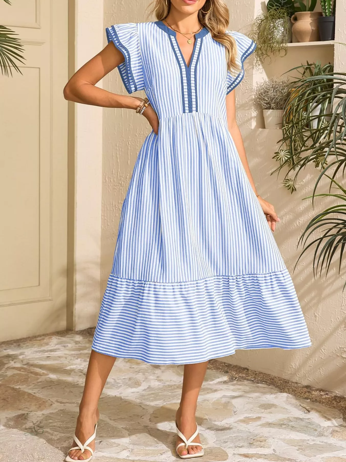 Striped Notched Ruffle Sleeve Dress - Image 2