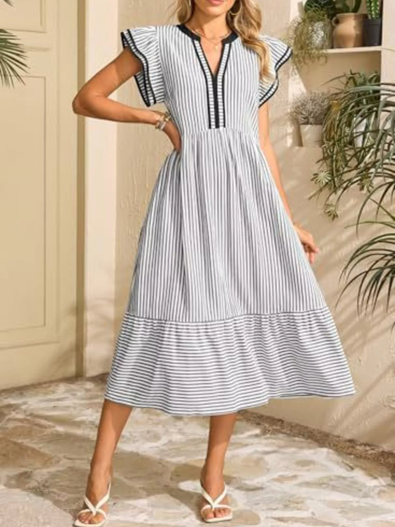 Striped Notched Ruffle Sleeve Dress - Image 6