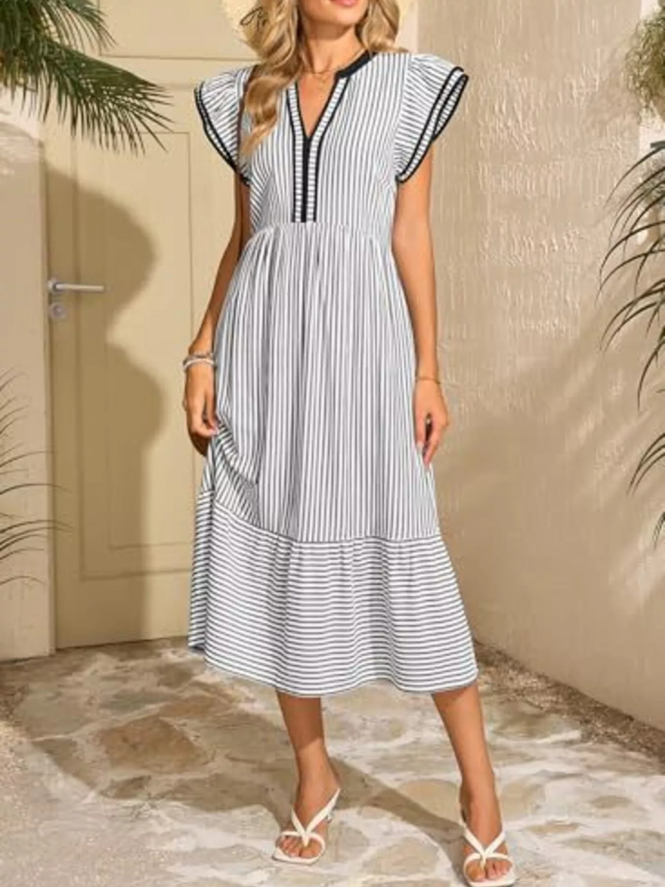 Striped Notched Ruffle Sleeve Dress - Image 7