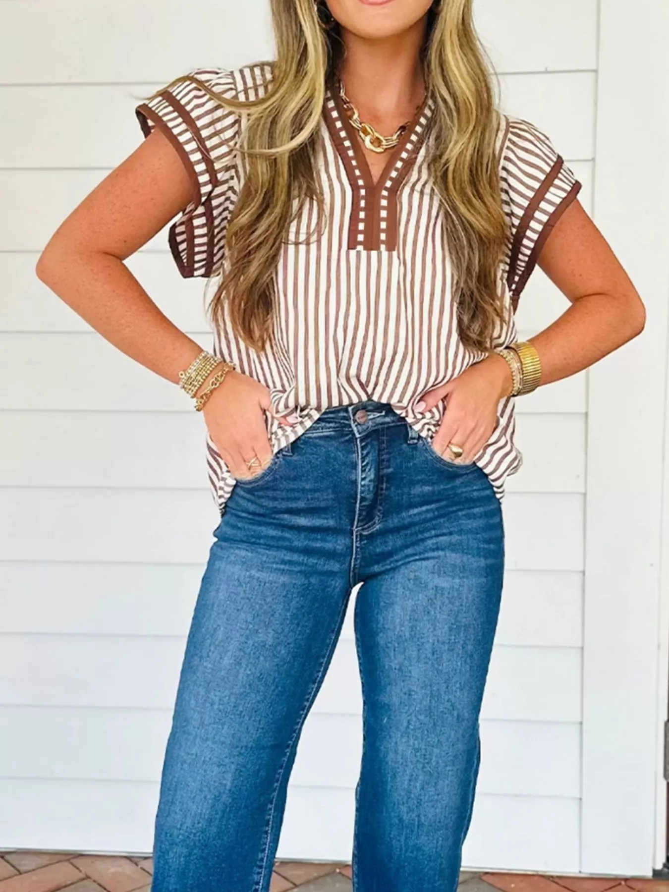 Striped Notched Ruffled Sleeve Blouse - Image 2