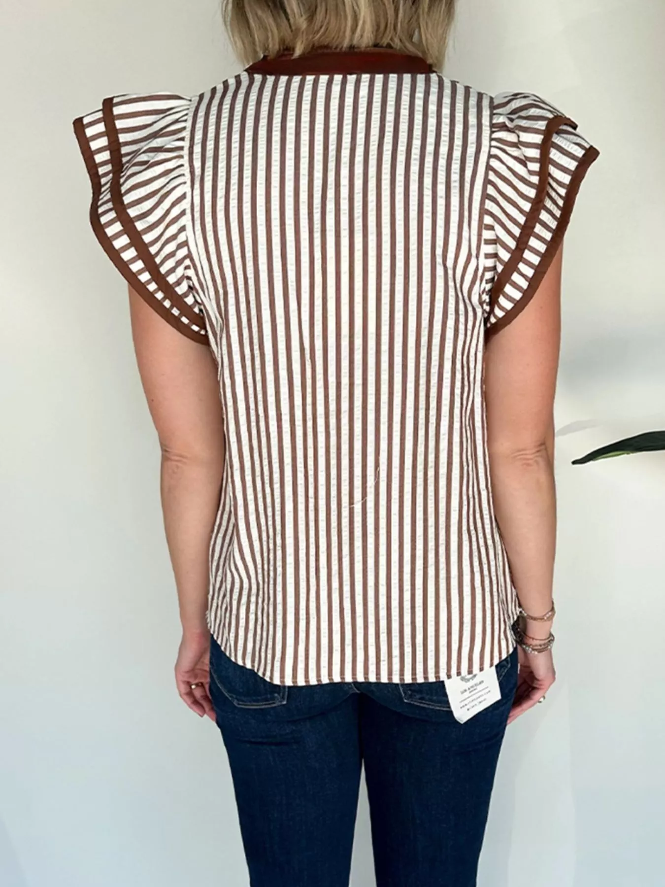 Striped Notched Ruffled Sleeve Blouse - Image 3